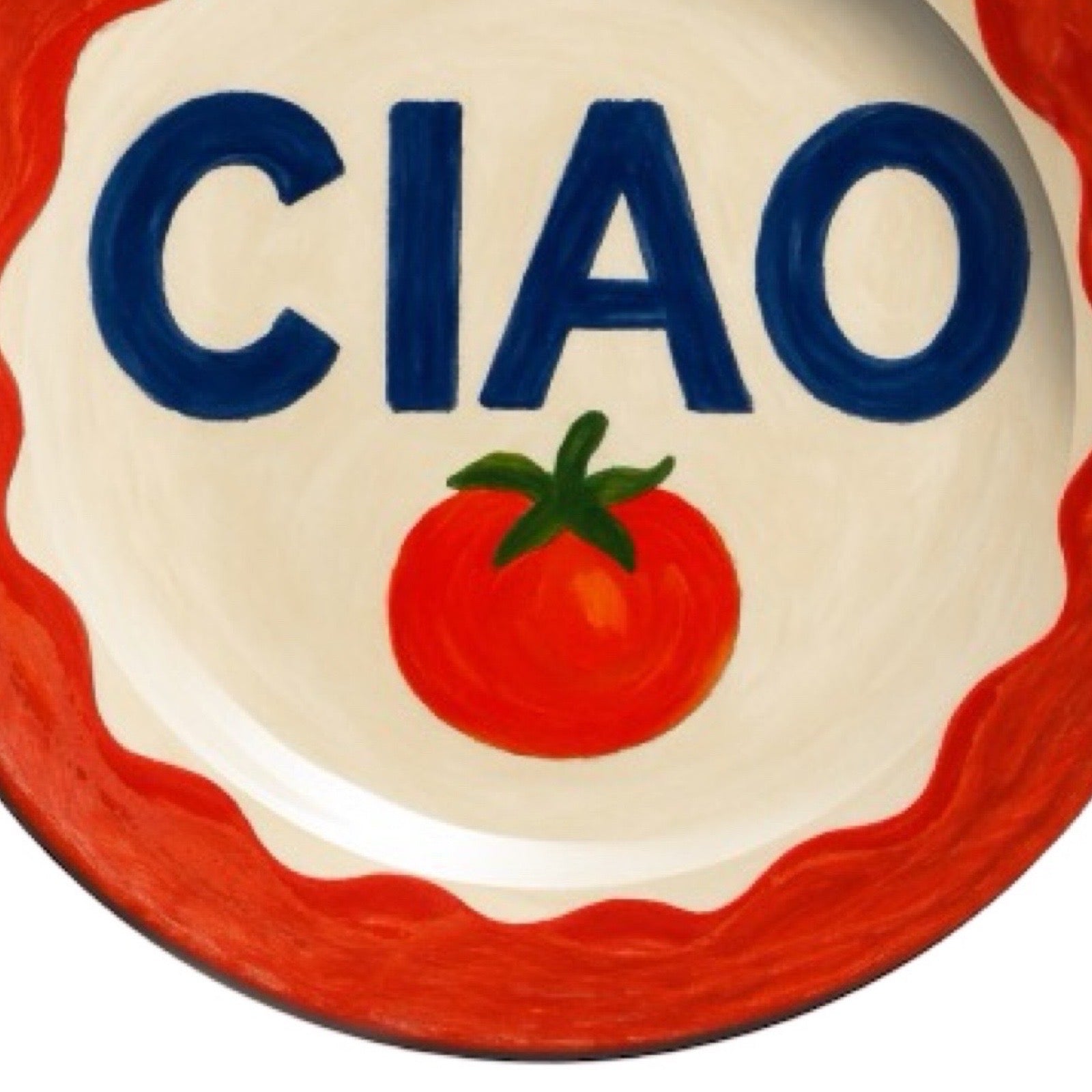 Decorative plate with 'CIAO' text and tomato illustration on a white background.