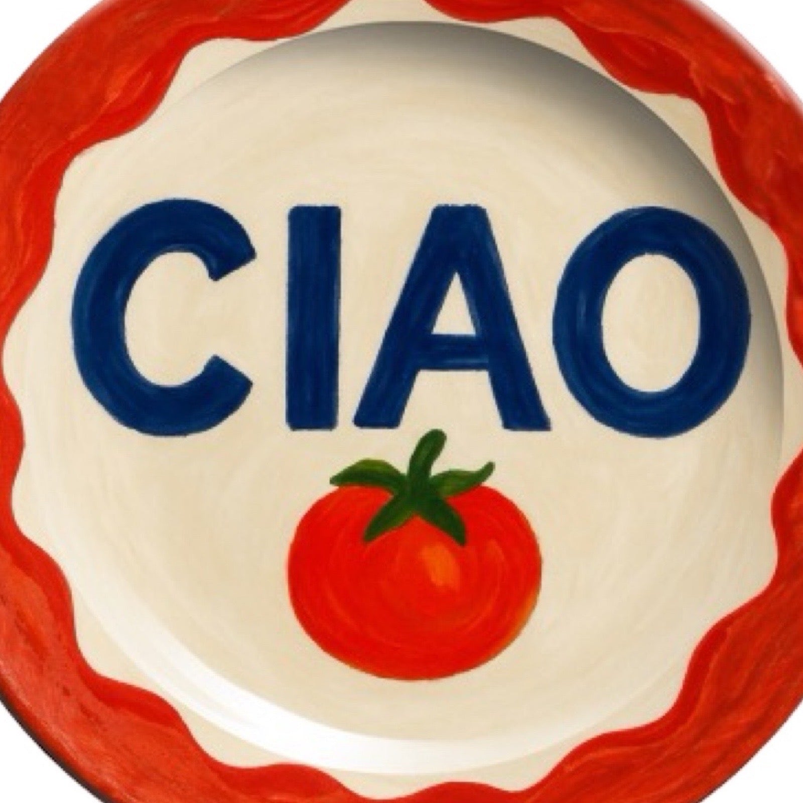 Decorative plate with 'CIAO' in blue letters and a tomato illustration on a red border.
