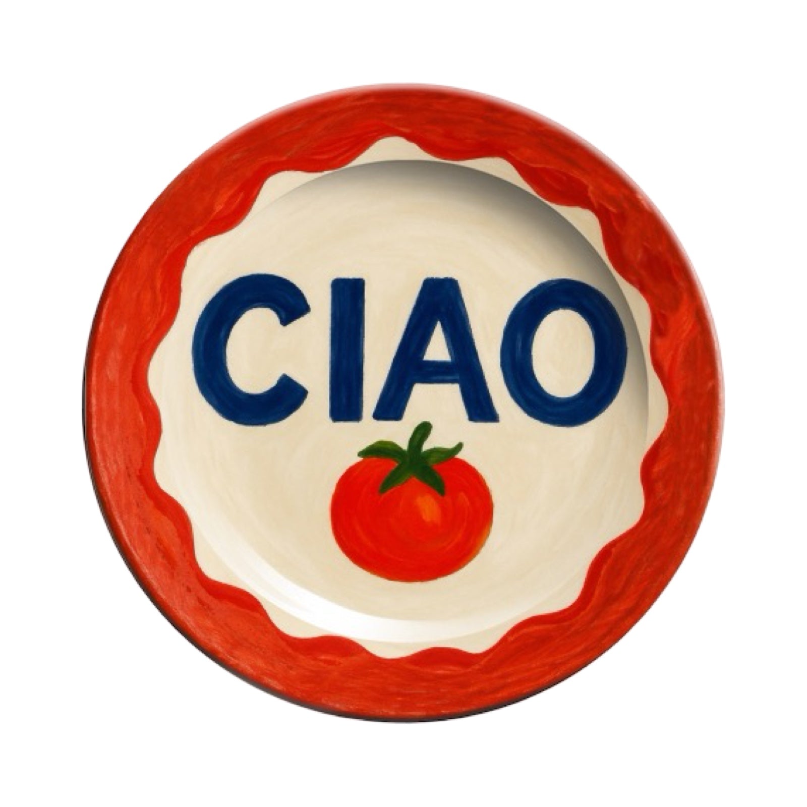 Ceramic plate with 'CIAO' and tomato illustration on a white background