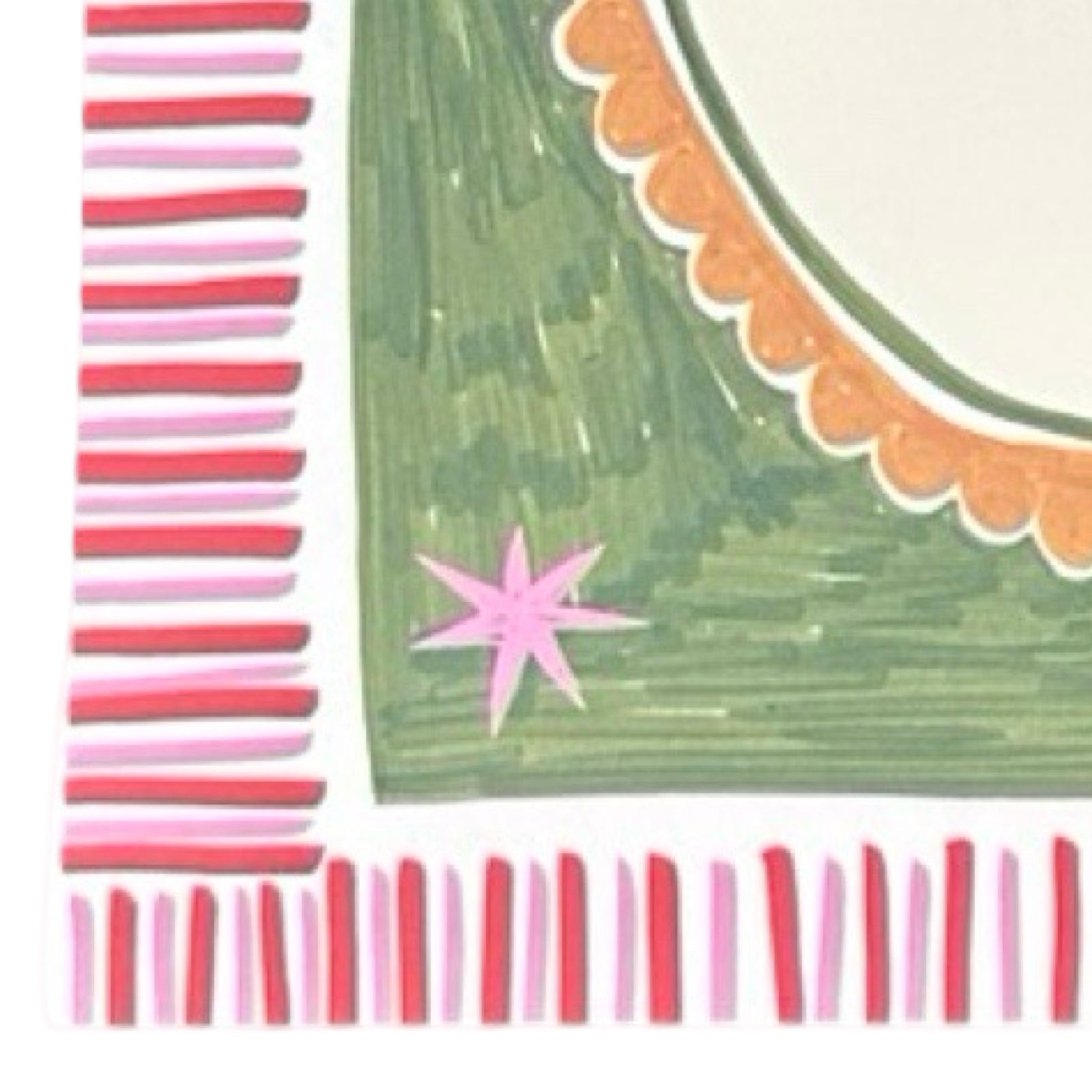 Decorative border with pink and red stripes and a star design on a white background.