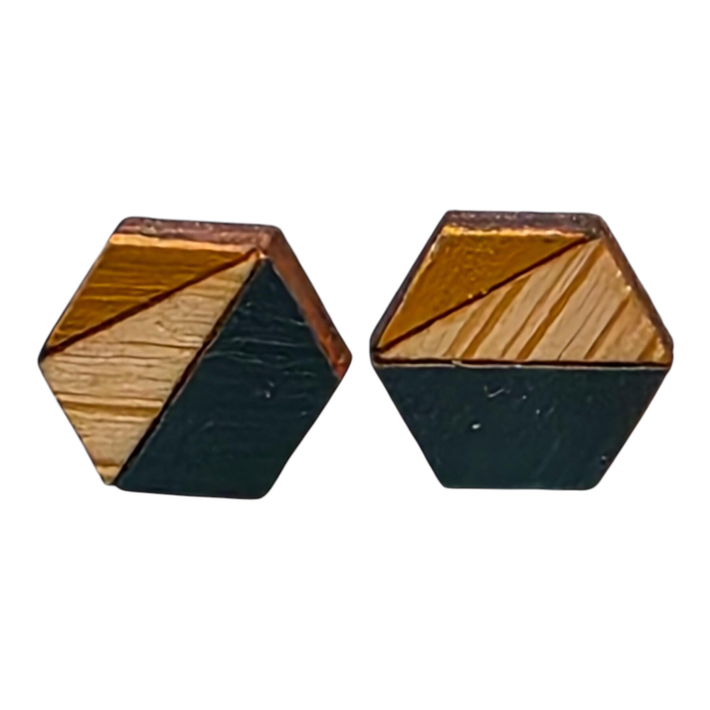 A pair of blue and mustard hexagonal bamboo stud earrings.