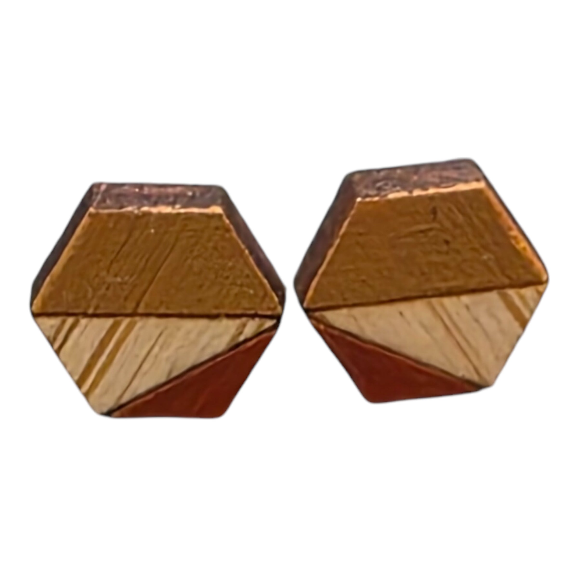 A pair of mustard and red hexagonal bamboo stud earrings.