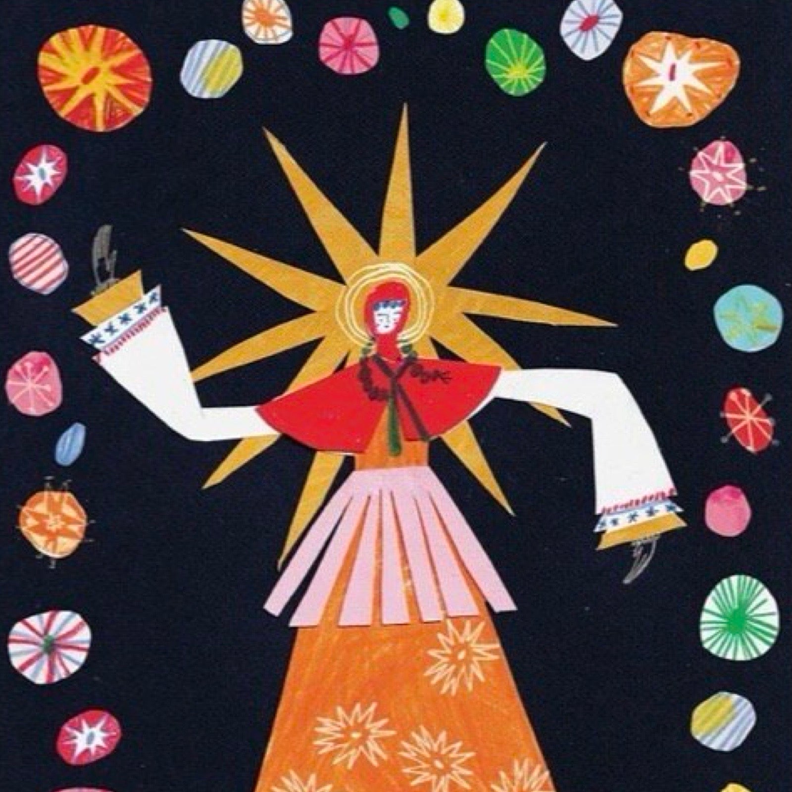 This print features a host of circus acrobats performing in a big top, the acrobats are dressed in red, blue or yellow costumes against a black background.