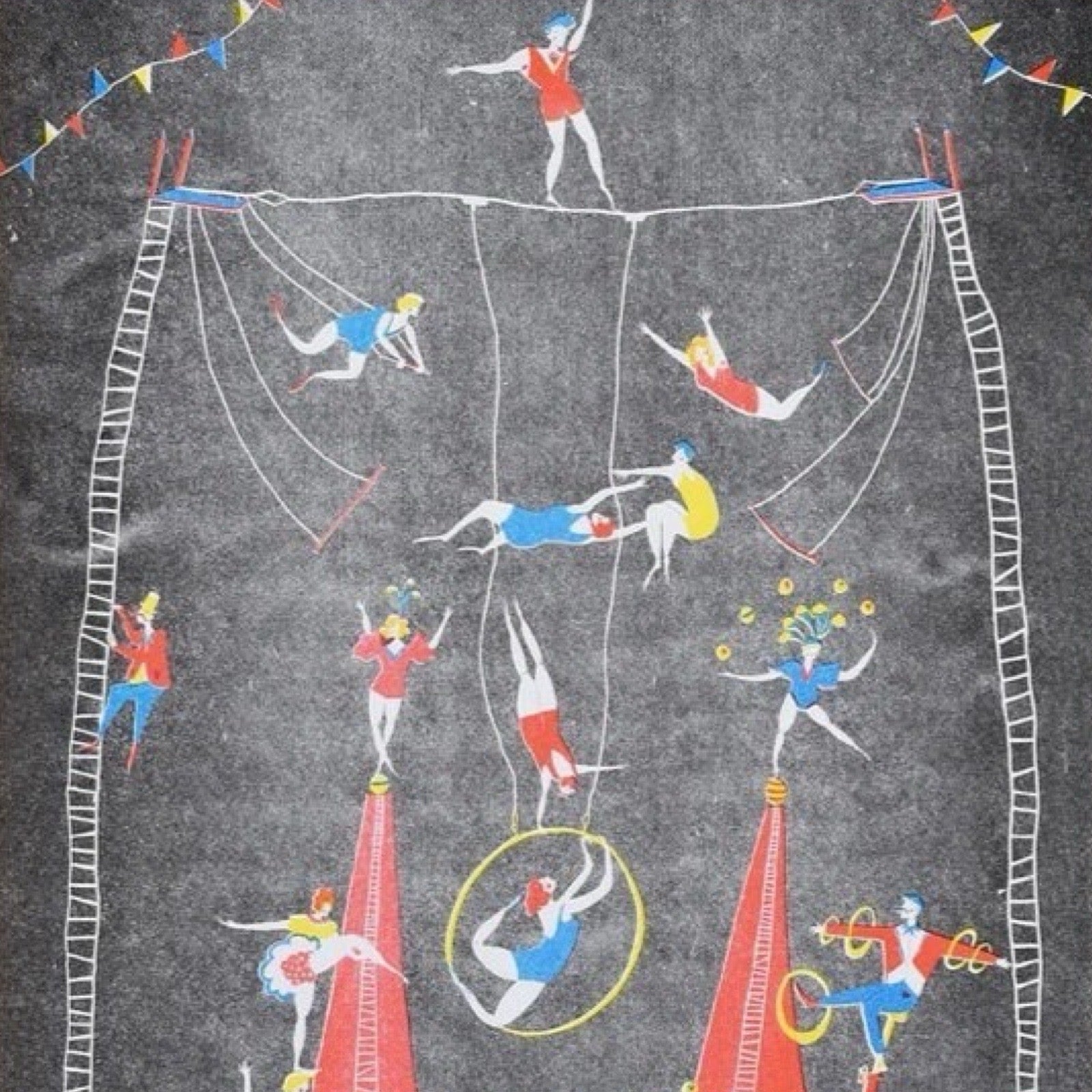 This print features a host of circus acrobats performing in a big top, the acrobats are dressed in red, blue or yellow costumes against a black background.