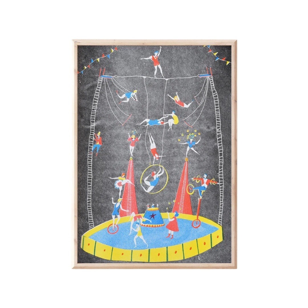 This print features a host of circus acrobats performing in a big top, the acrobats are dressed in red, blue or yellow costumes against a black background.