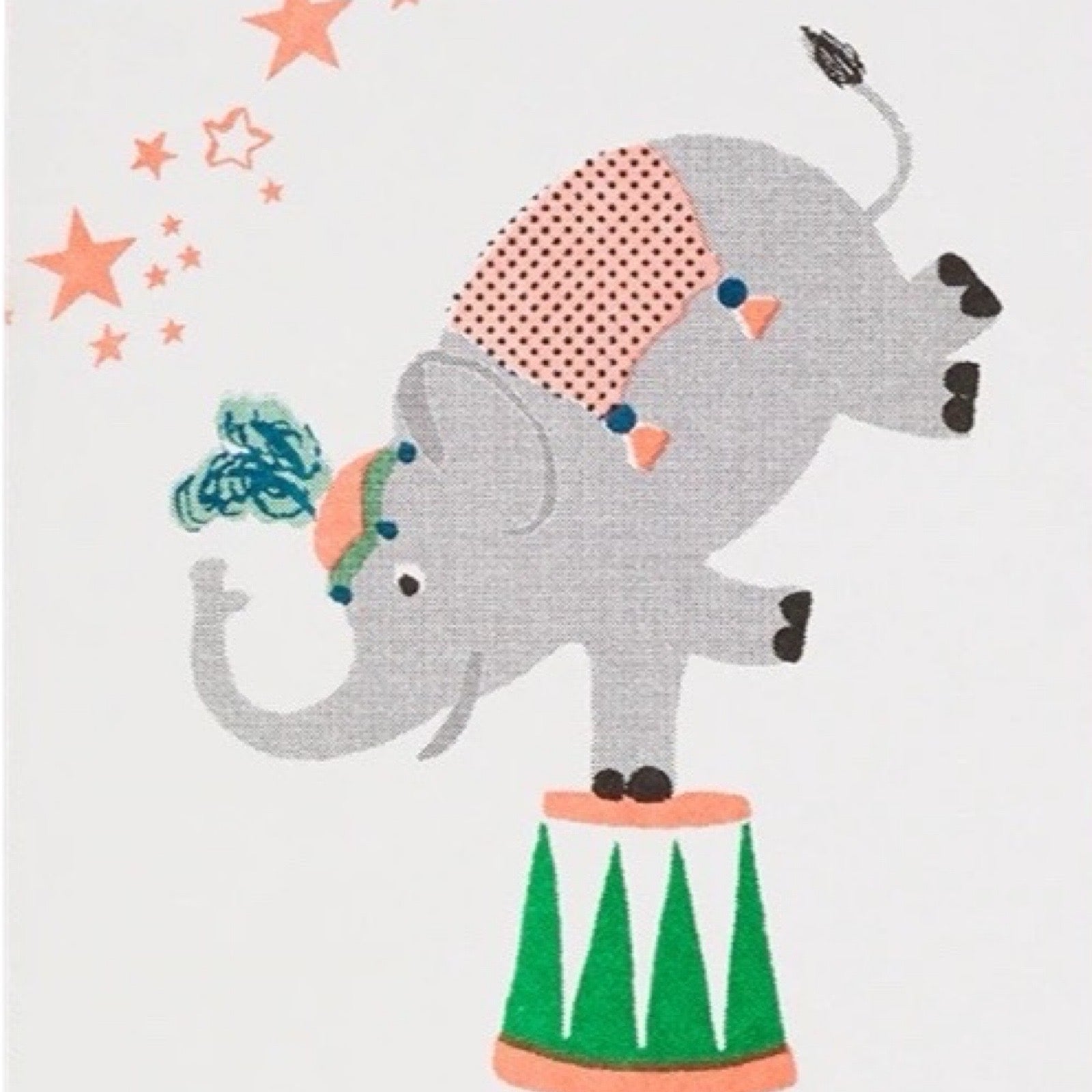 Card featuring a fun illustration of a circus elephant balancing on one leg.