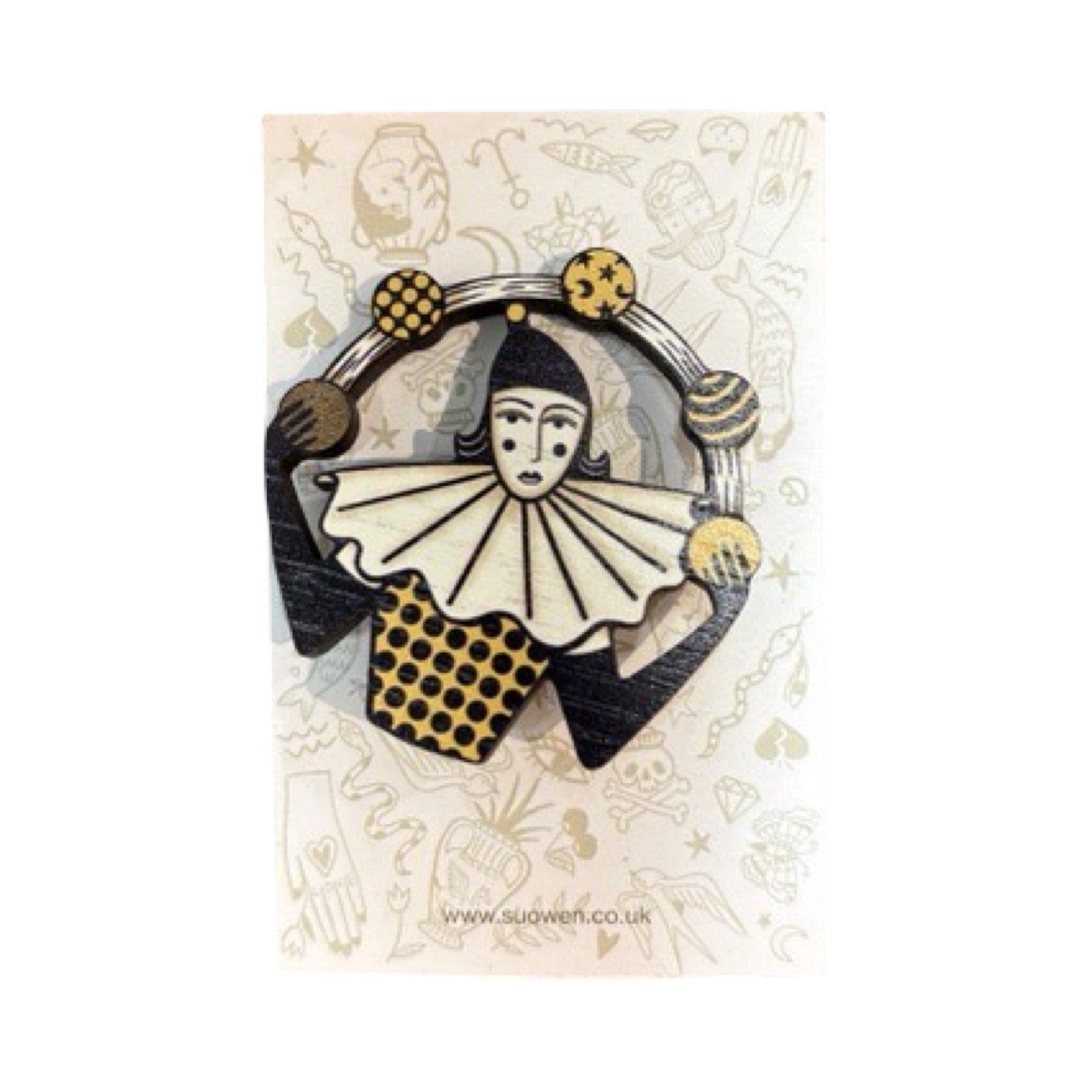 Circus Juggler wooden brooch featuring a female performer in a yellow and black costume juggling black and yellow balls.
