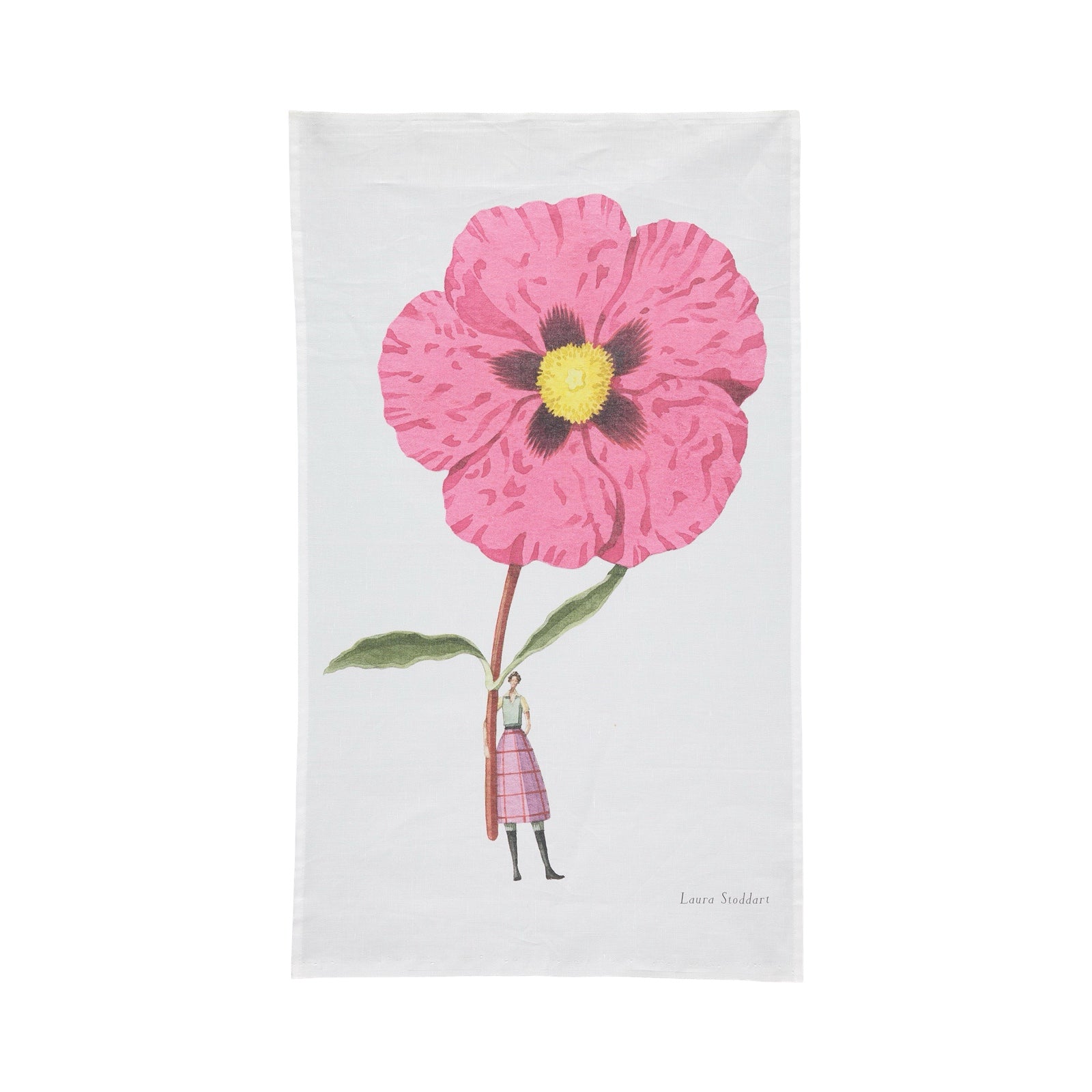 Tea towel featuring an illustration of a lady dressed in a pink checked skirt, blue shirt and grey boots holding a giant pink cistus flower all against a white background.