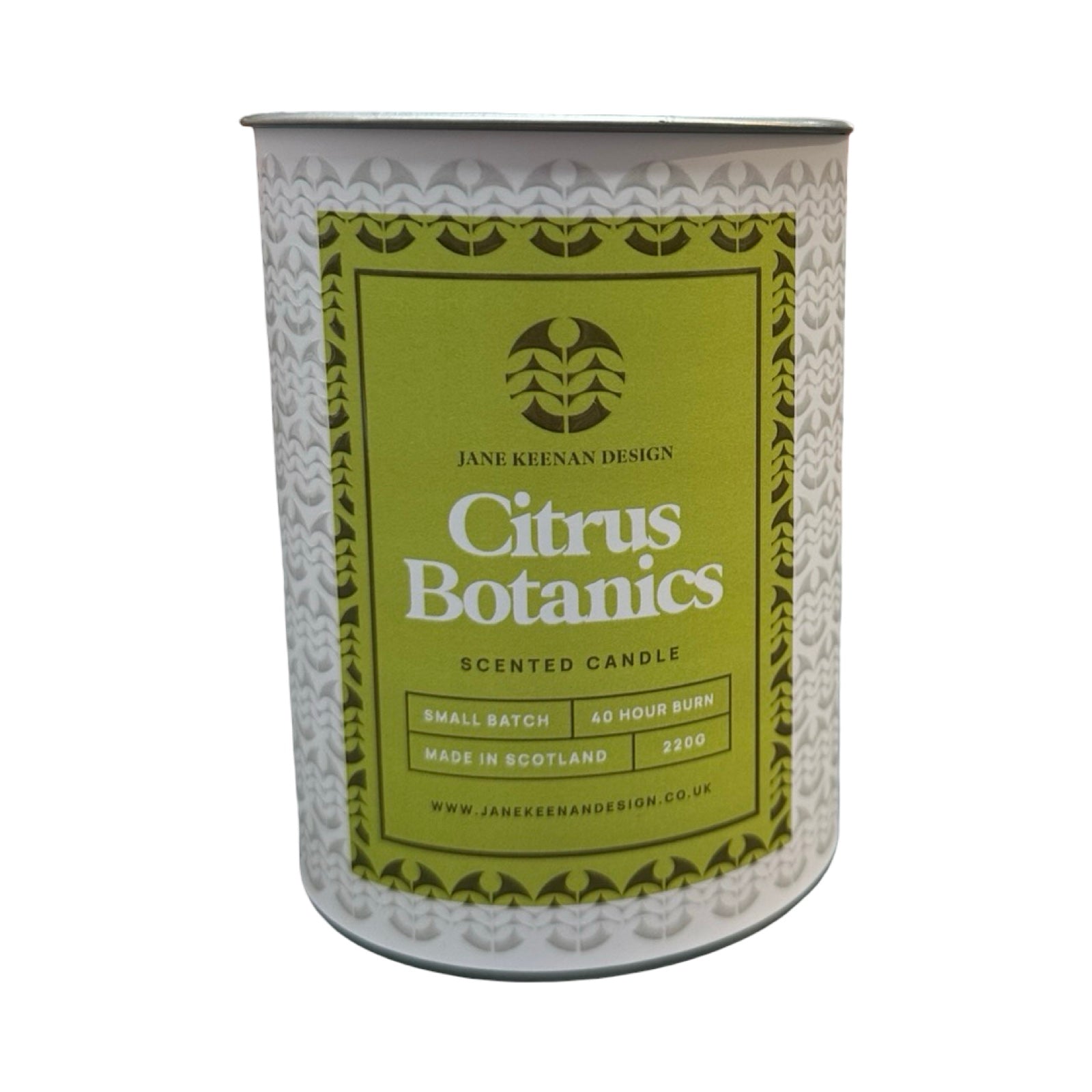 Candle container with 'Citrus Botanics' label on a white background.
