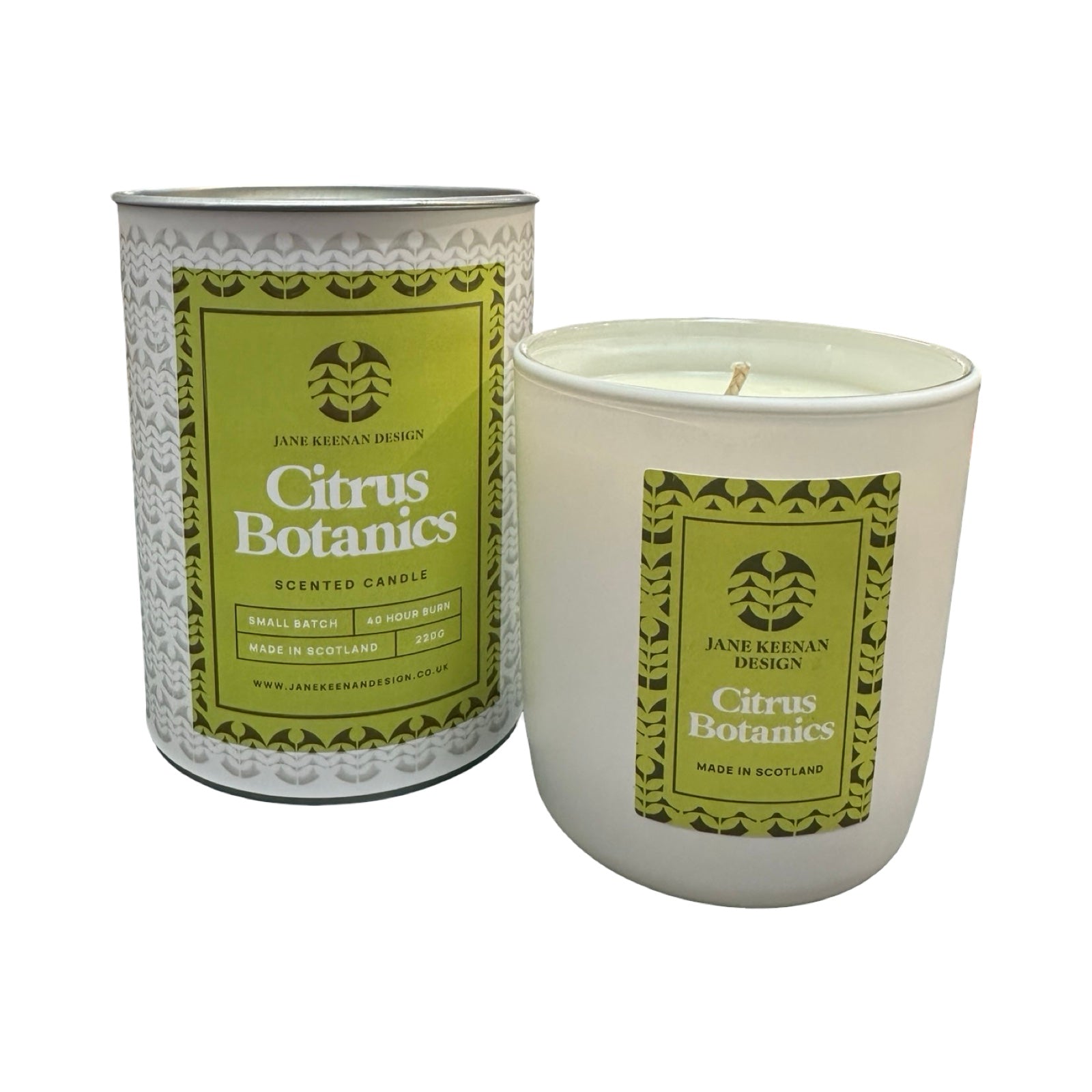 Candle and its packaging labeled 'Citrus Botanics' by Jane Keenan Design on a white background.