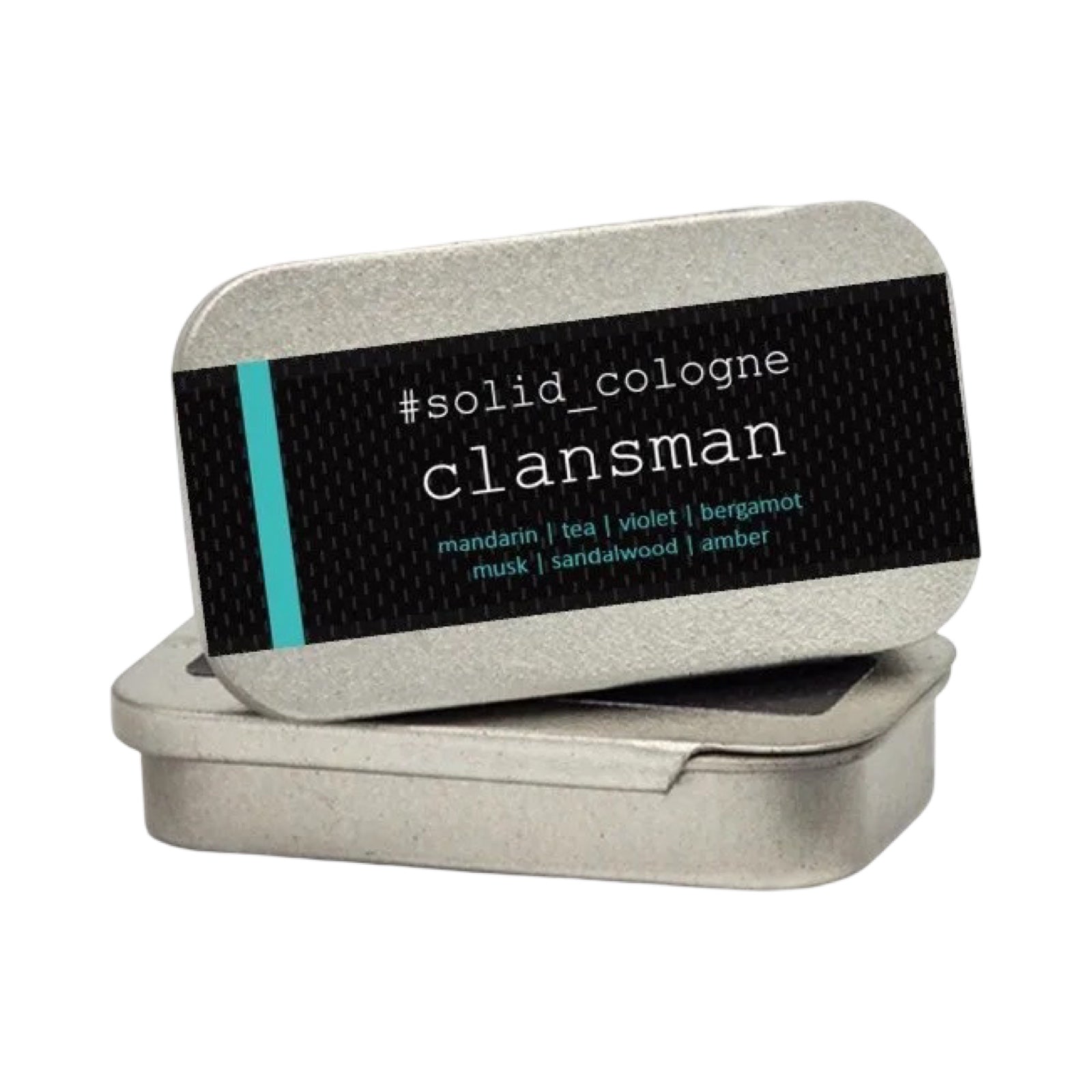Clansman Solid Cologne, crisp and firm, this fresh citrus accord opens with bergamot, tea, mandarin, ozone and cassis on a heart of jasmine and violet, supported by musk, sandalwood and amber., all in this little tin!