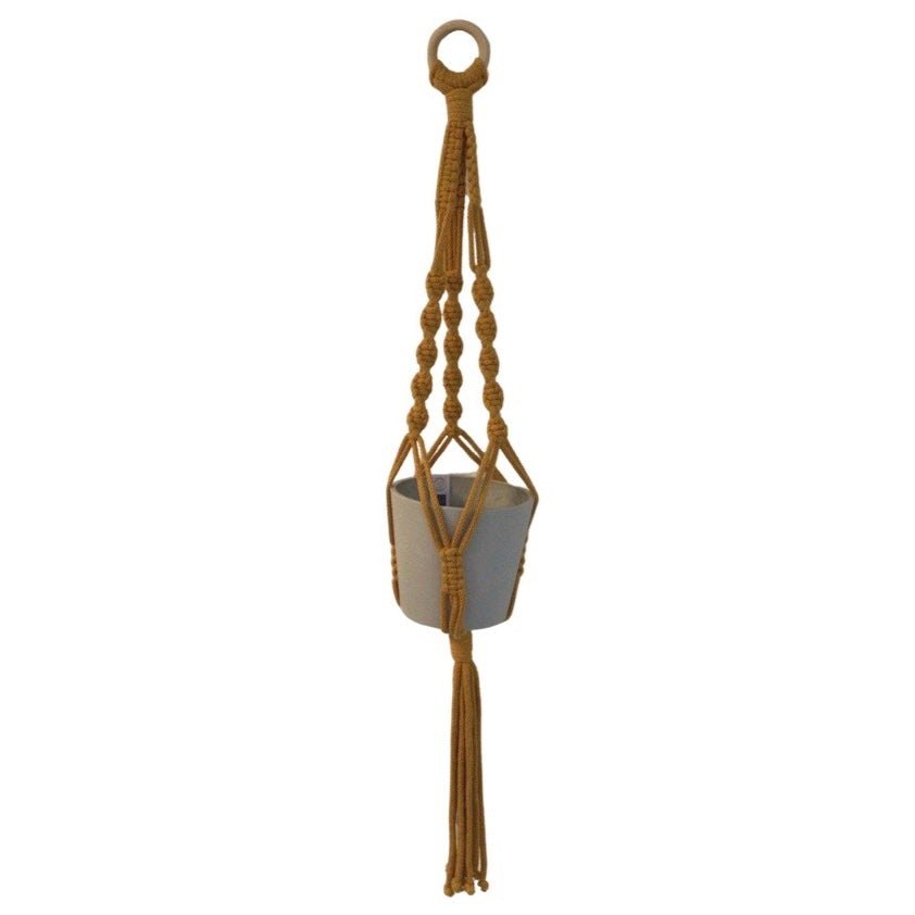 Handmade classic macrame plant hanger in recycled cotton and supplied with an Ecopot.