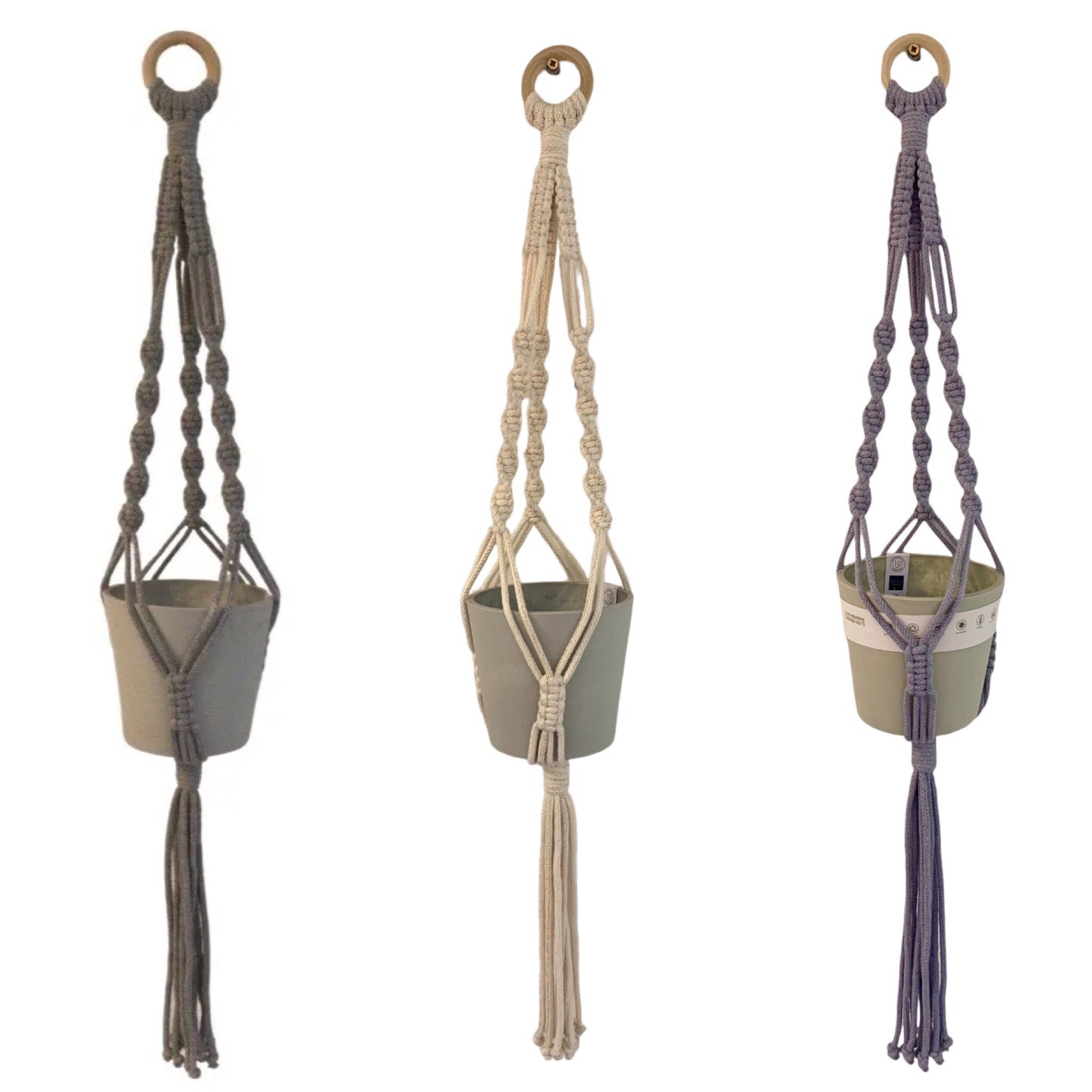 Three handmade classic macrame plant hanger in recycled cotton and supplied with an Ecopot.
