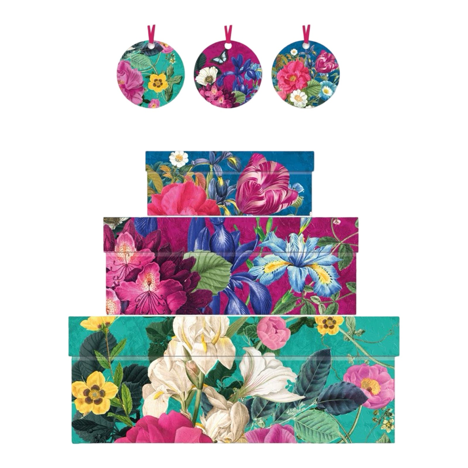 Gift boxes featuring bright and colourful floral designs complete with matching gift tags.