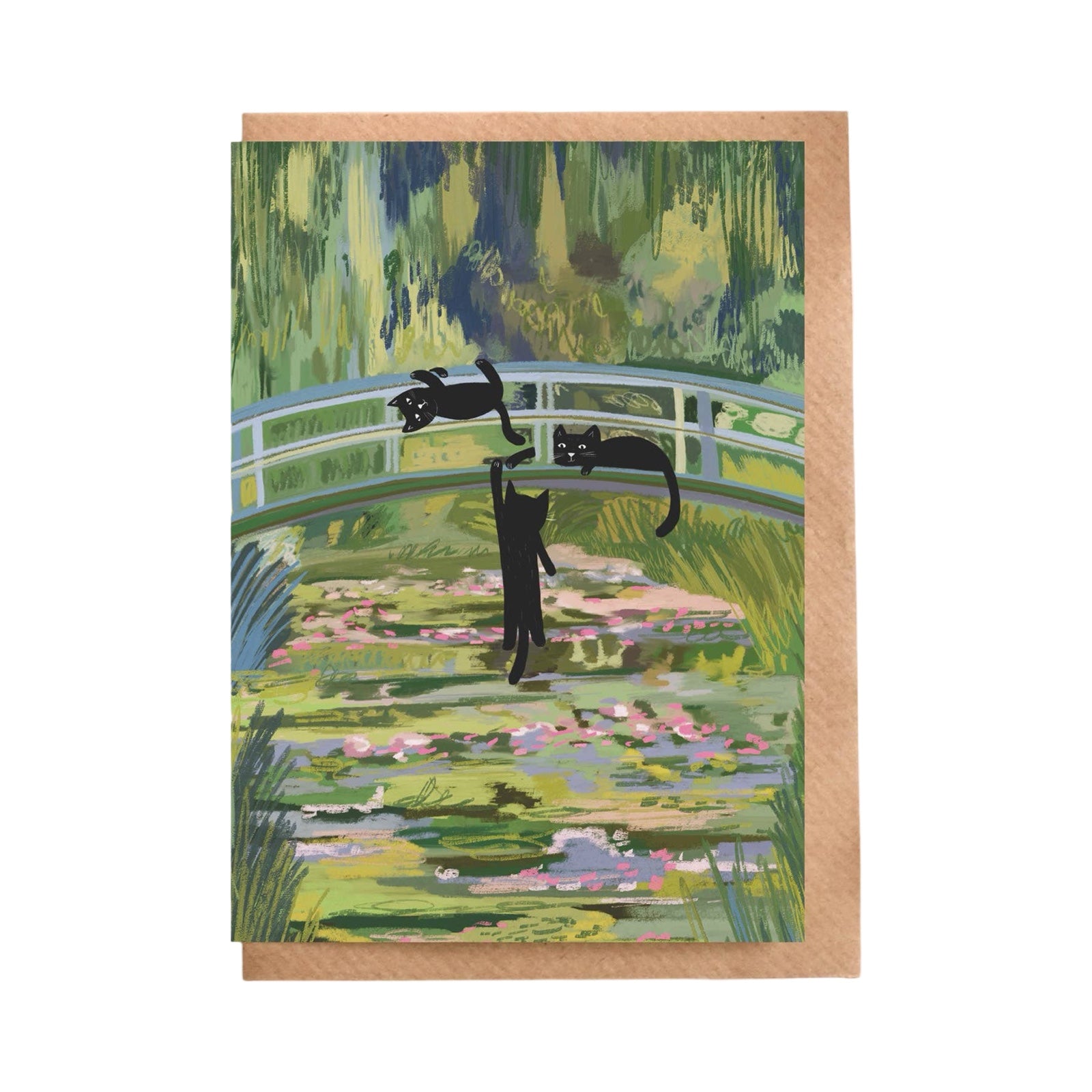 Cat card featuring an illustration of three cats playing on a bridge above a lily pond, based on the Claude Monet painting 'Bridge over a Pond of Water Lilies' with a brown kraft enveope.