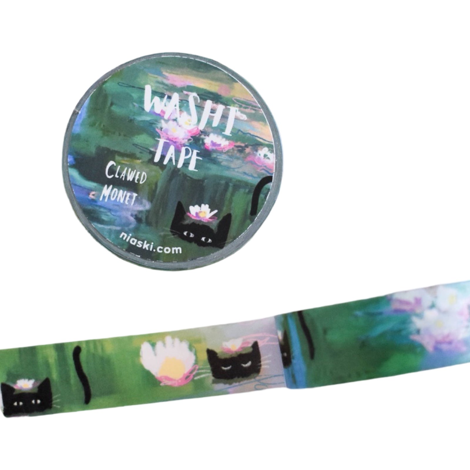 A roll of green washi tape with black cats swimming in a pond of water lillies.