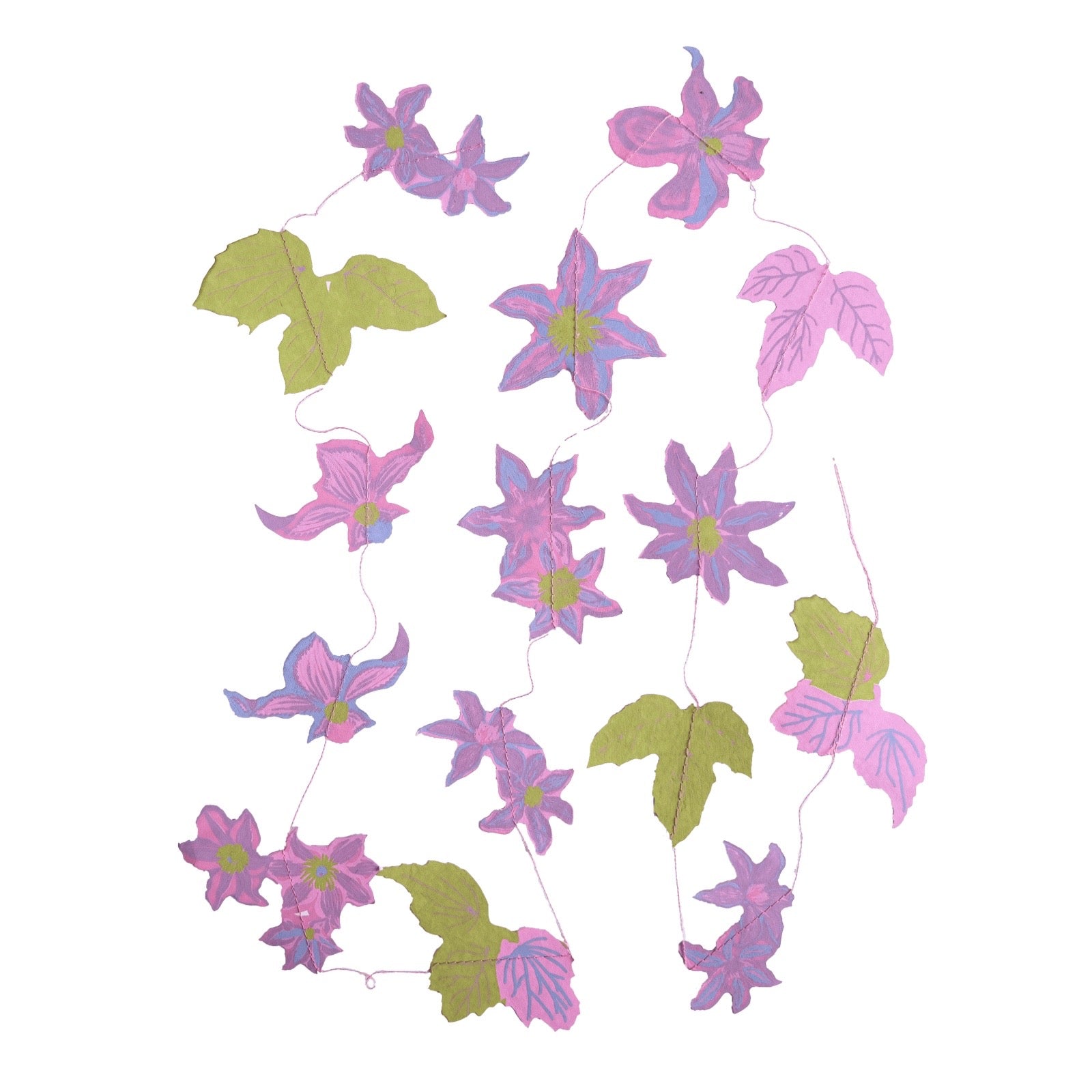Decorative string with purple flowers and green leaves on a white background.