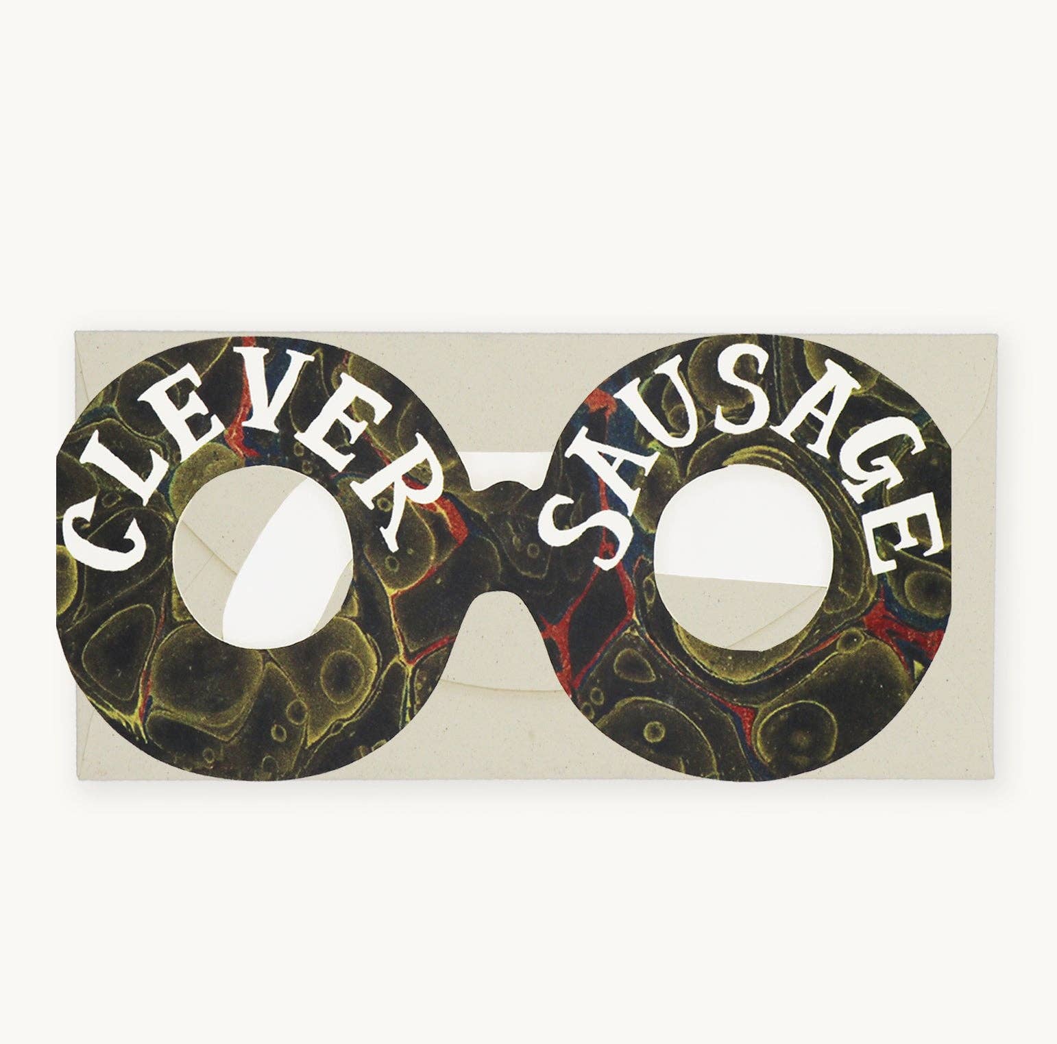 Novelty eyeglasses with 'Clever Sausage' text on a white background.