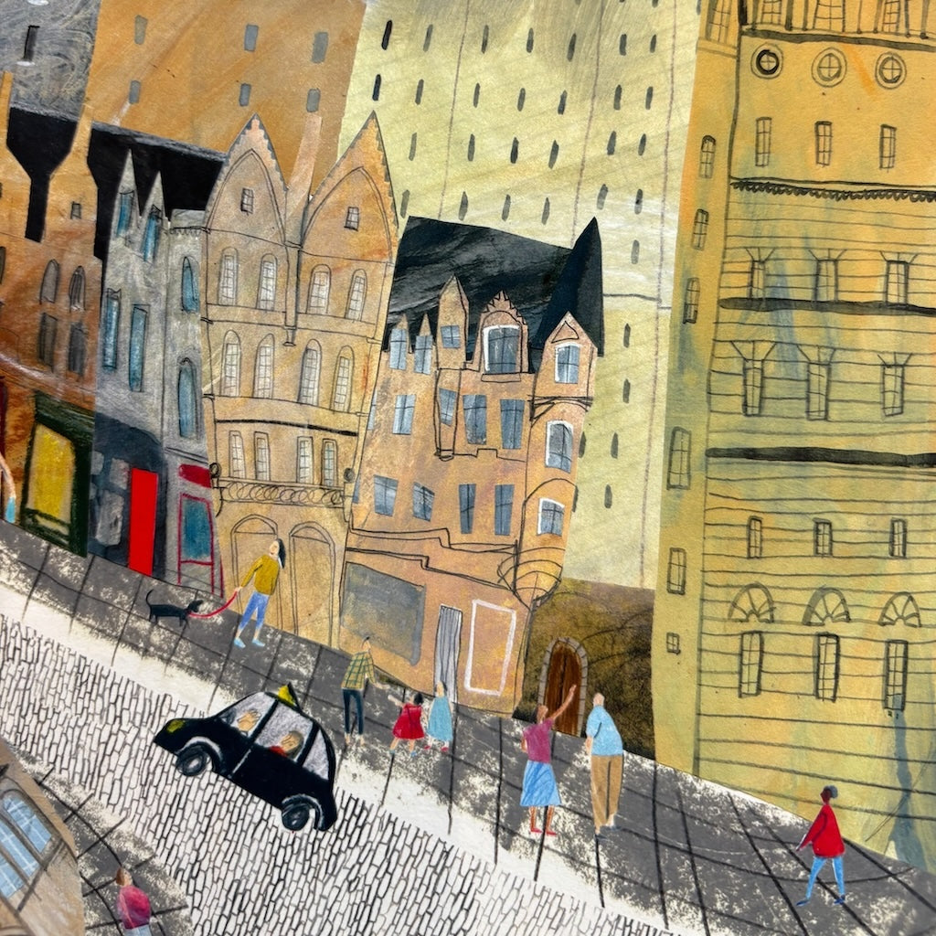 Illustration of a city street with people and buildings.
