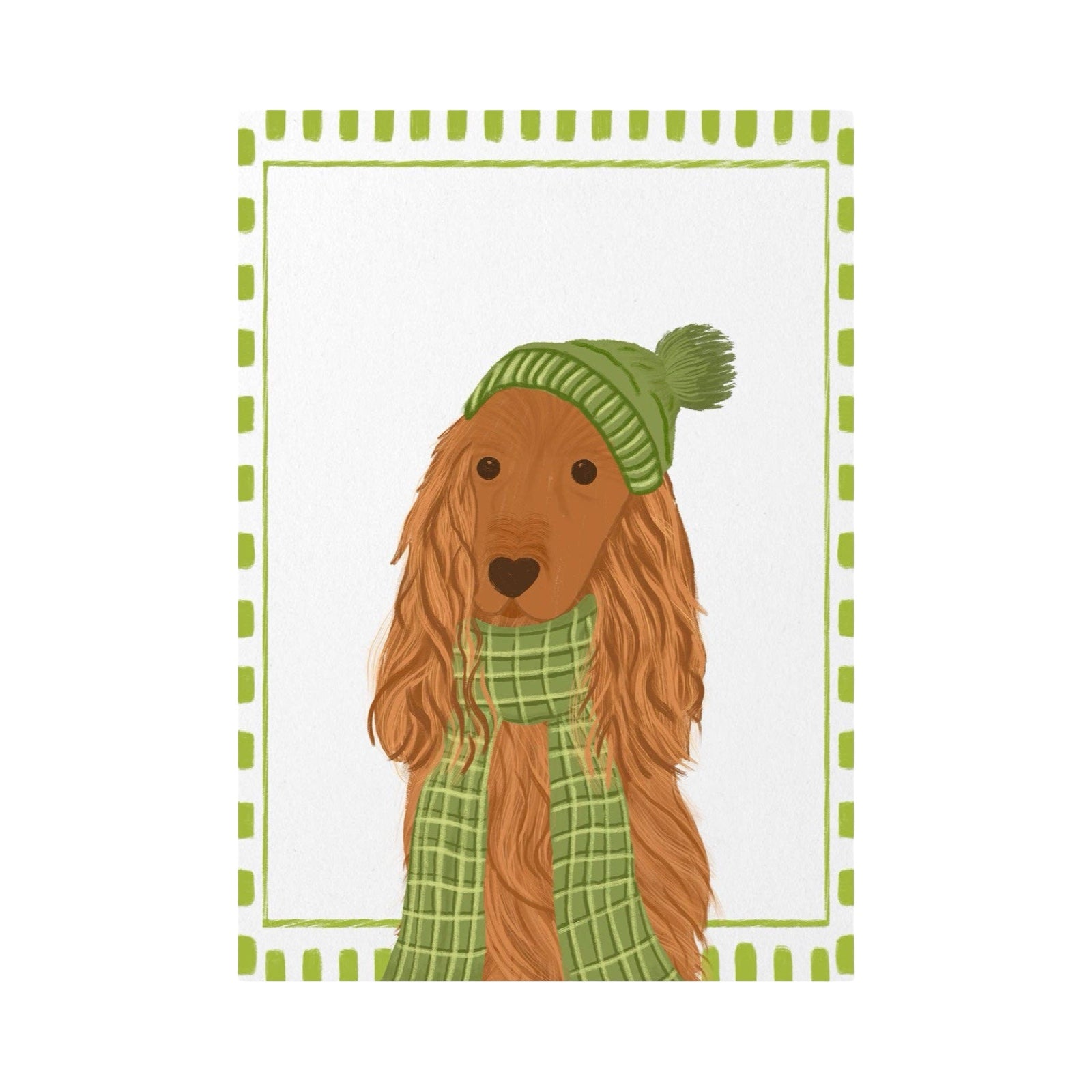 Illustration of a dog wearing a green hat and scarf with a white background.