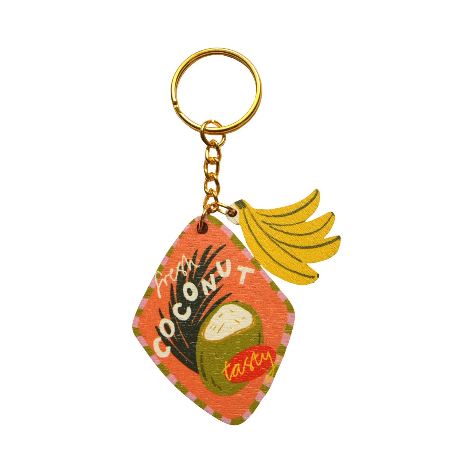 Keychain with coconut and banana design on a white background.