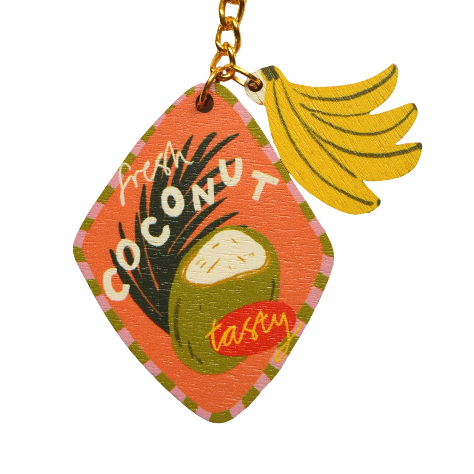 Keychain with coconut and banana design on a white background.