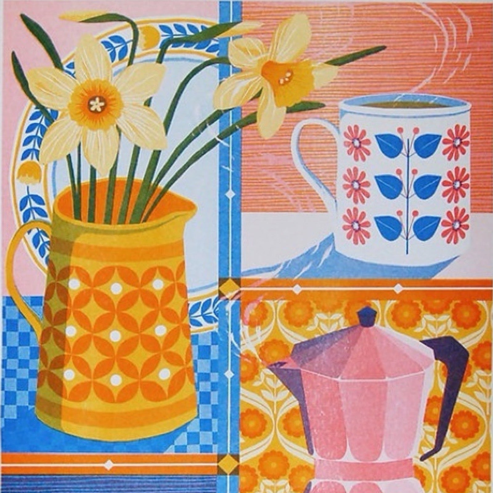 Risograph art print featuring a pink retro-style coffee pot, a vase of tulips, a sugar bowl and a tea cup.