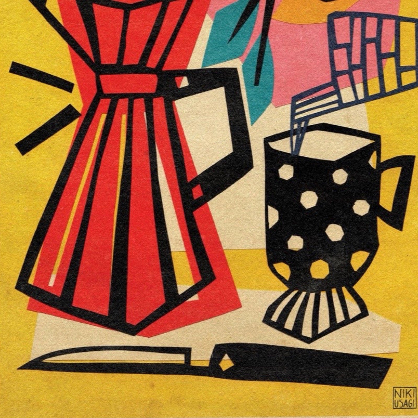 A stylised graphic art print featuring a red dress, a black-and-white polka-dotted mug, and a knife on a yellow background, with a small artist signature in the bottom right corner.