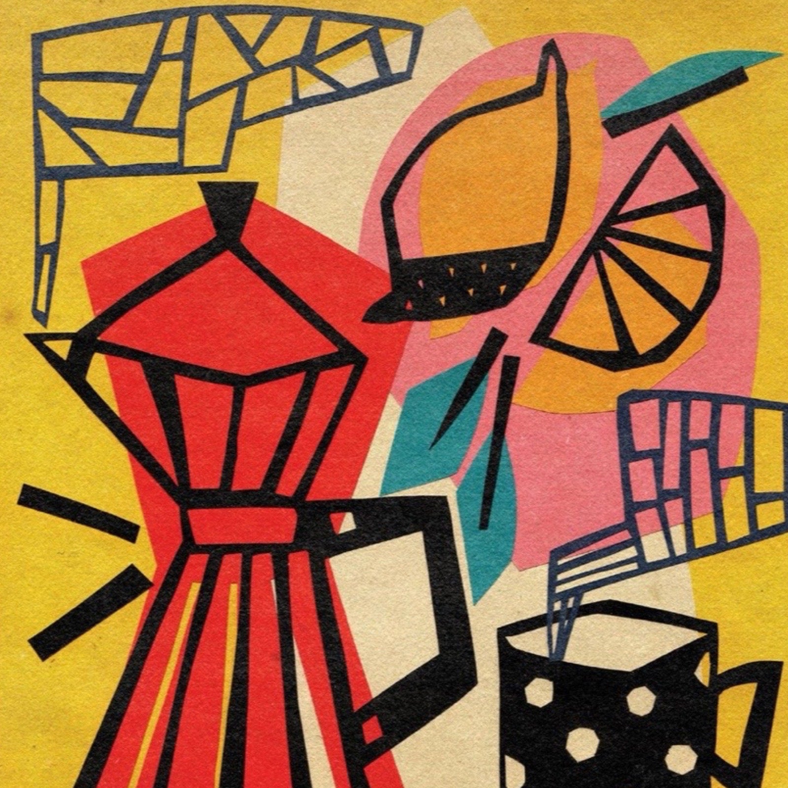 Abstract artwork featuring geometric shapes and stylised objects in red, yellow, pink, teal, black, and cream, including a large red and black form, a black-and-white polka-dotted mug, and a yellow coffee cup.