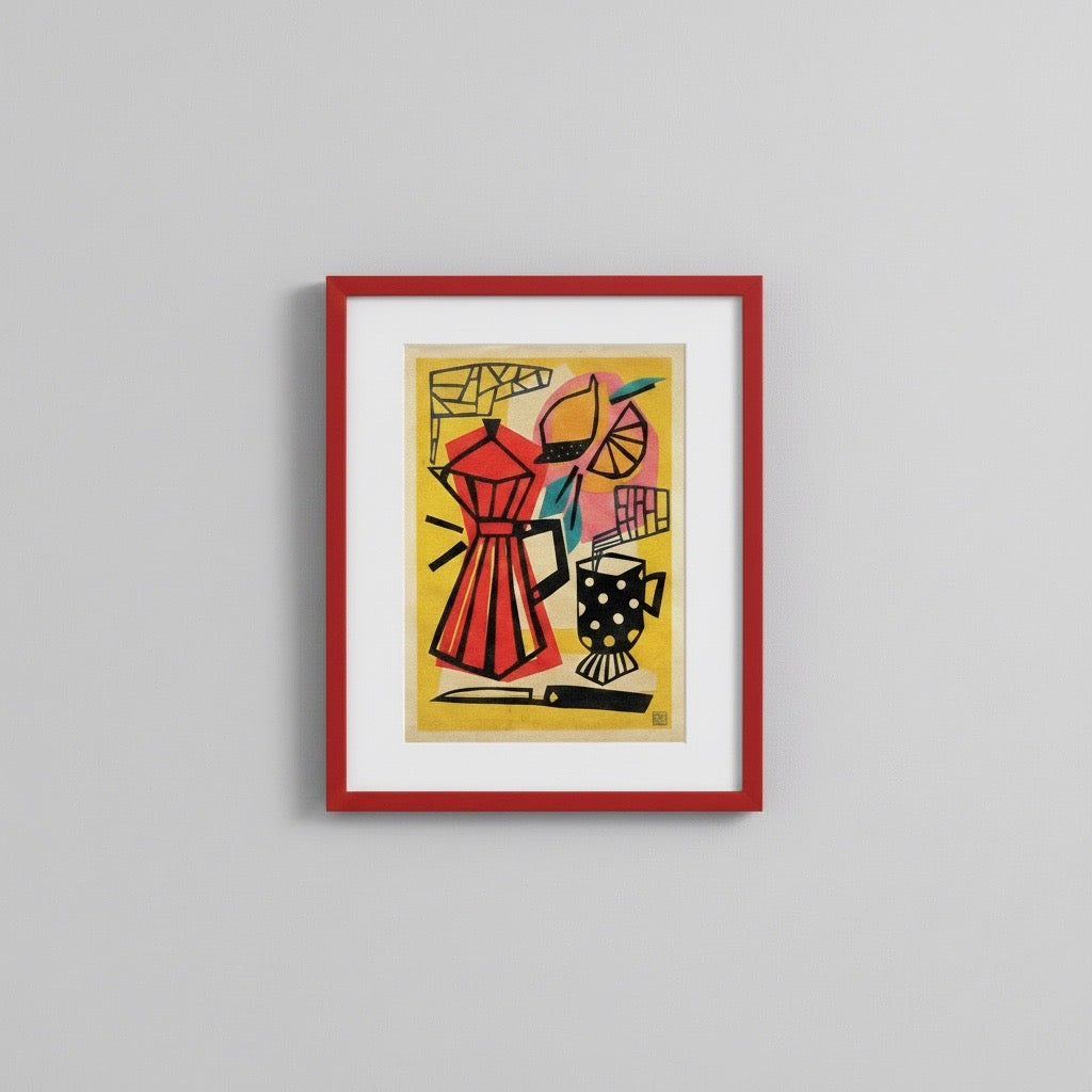 A framed abstract art print featuring a stylised red dress and black-and-white polka-dot mug on a yellow background, enclosed in a red frame and displayed against a light grey wall.