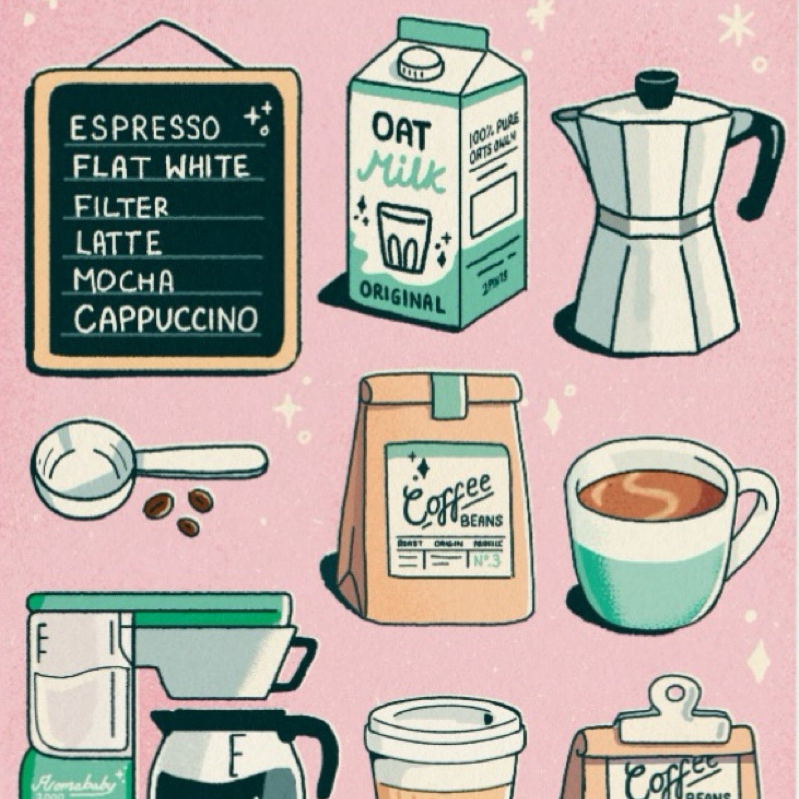 Print featuring coffee-related items such as a retro coffee pot, a coffee shop menu and a cup of coffee on a pink background.