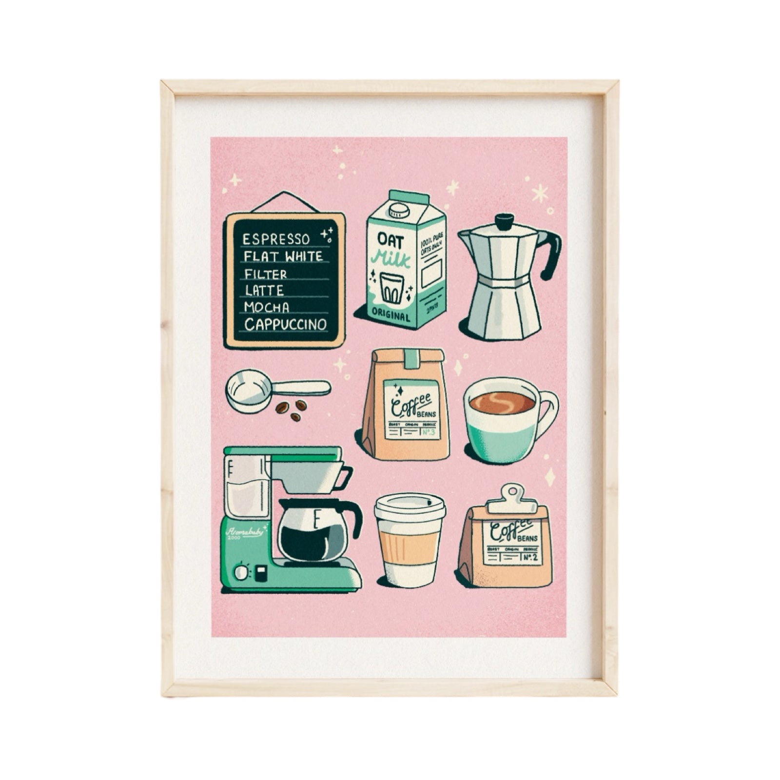 Print featuring coffee-related items such as a retro coffee pot, a coffee shop menu and a cup of coffee on a pink background.