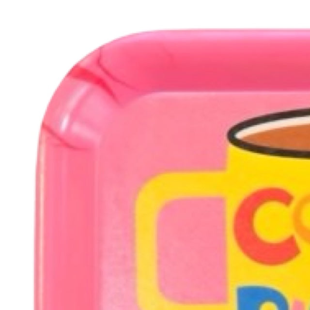 Close-up of a pink inflatable tray with a colourful design.