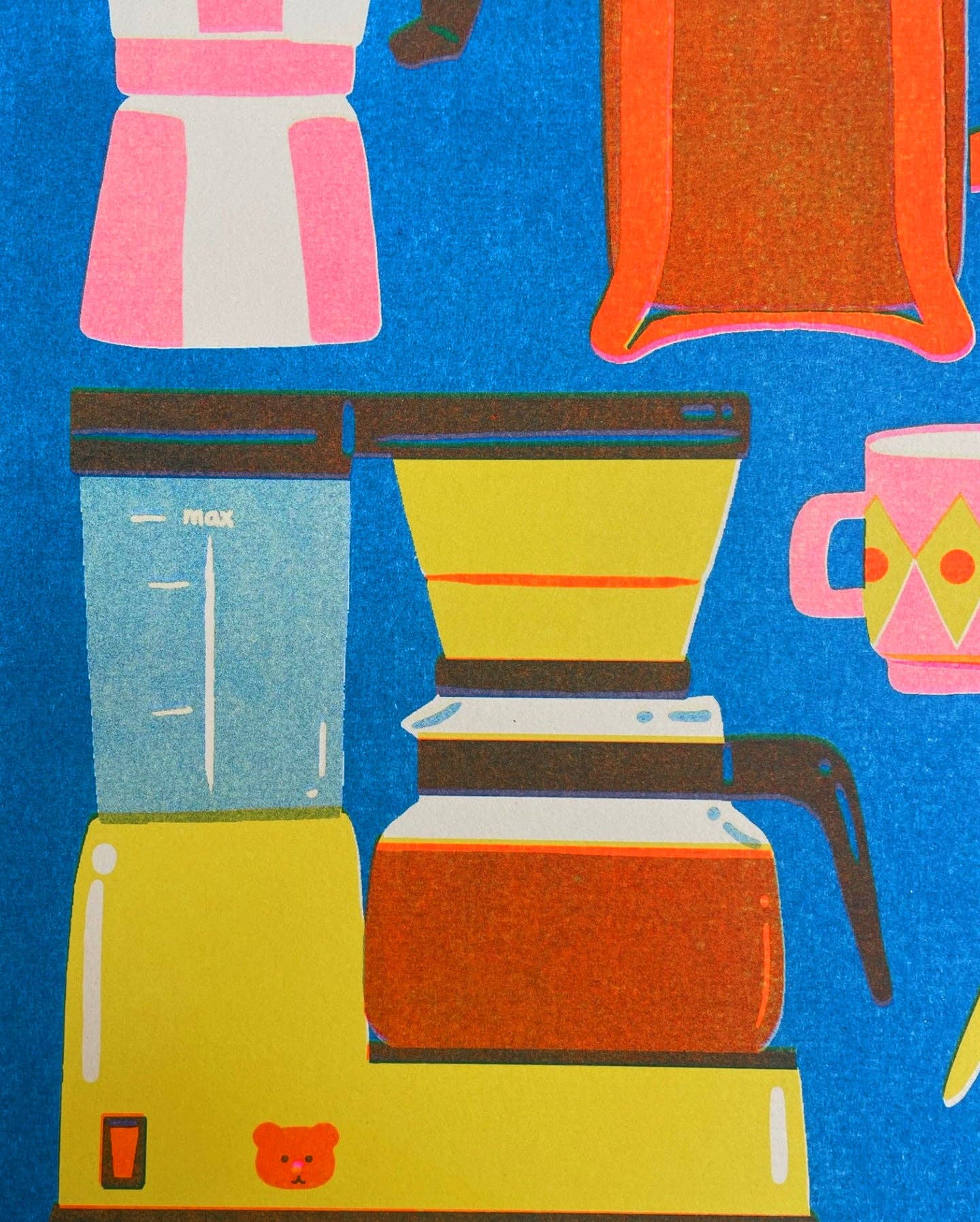 This colourful risograph print features a collection of coffee pots and coffee cups. 