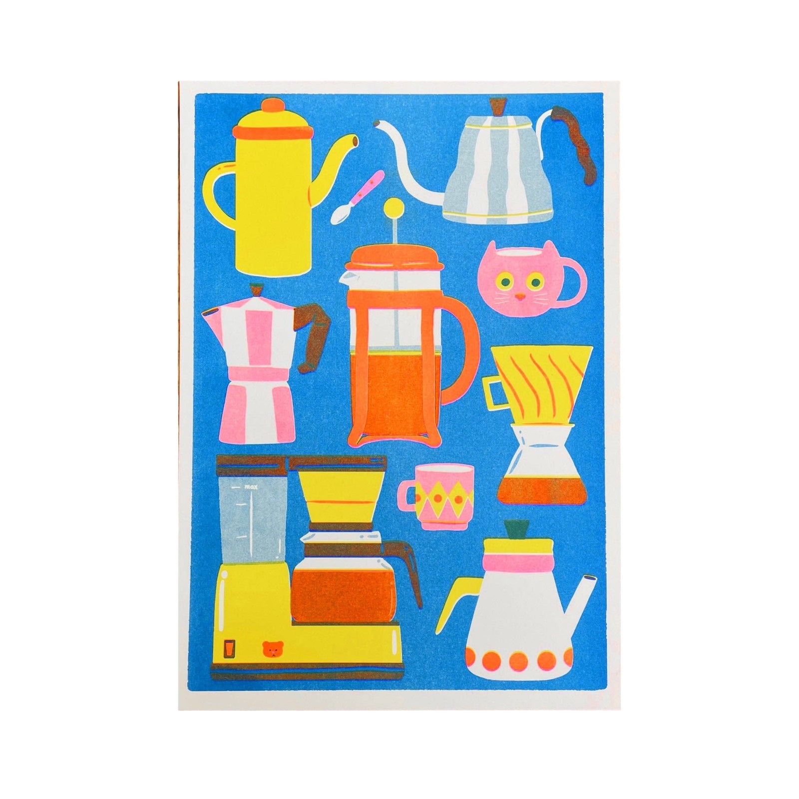 This colourful risograph print features a collection of coffee pots and coffee cups. 