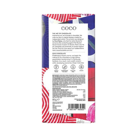 Back of a bar of cold brew coffee chocolate.