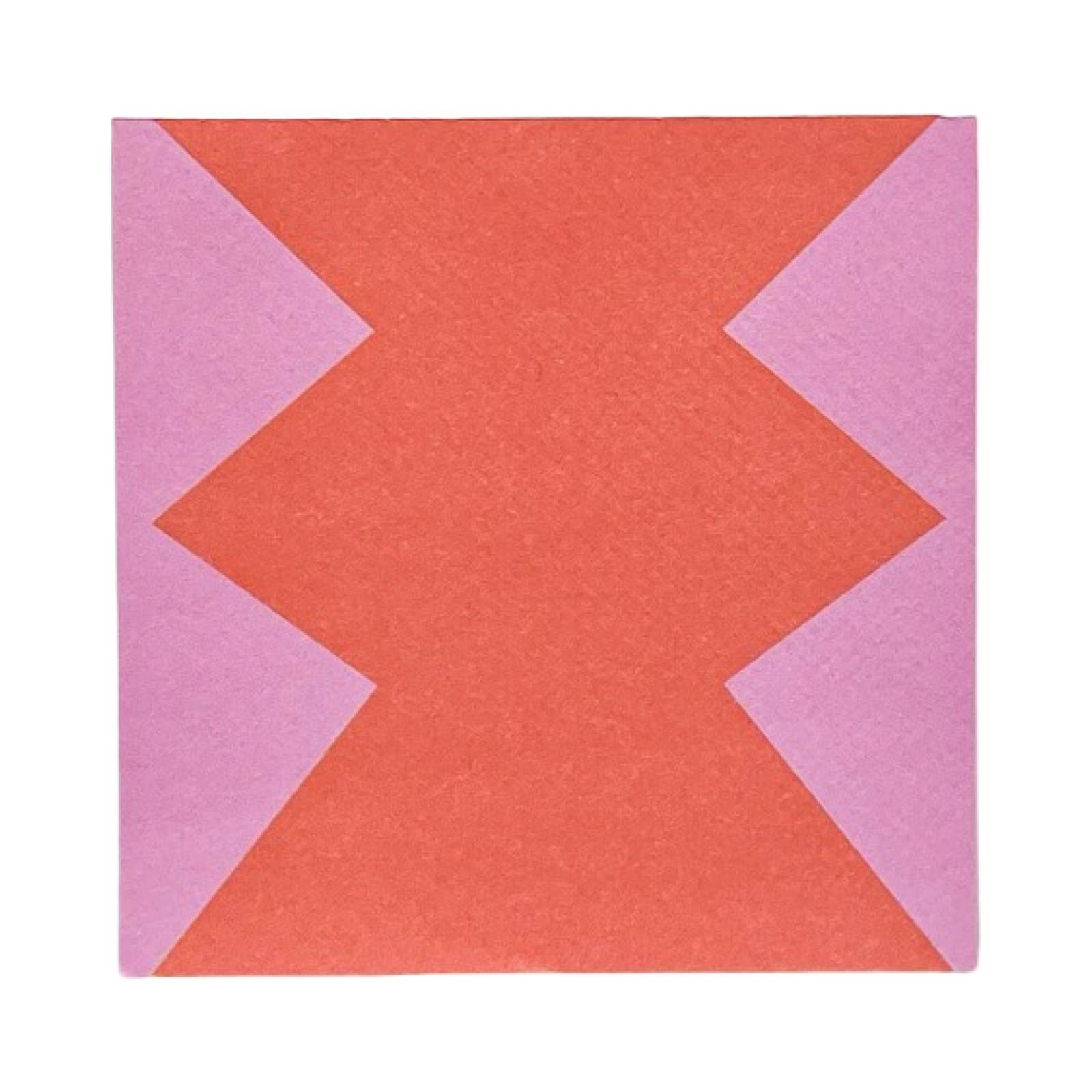 Geometric pattern with pink and orange shapes on a white background.