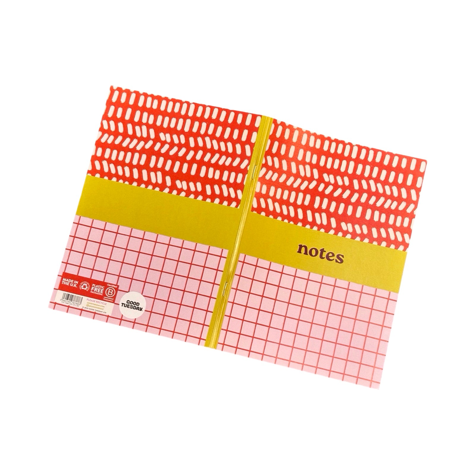 Notebook with red and white checkered design and yellow band labeled 'notes' on a white background.