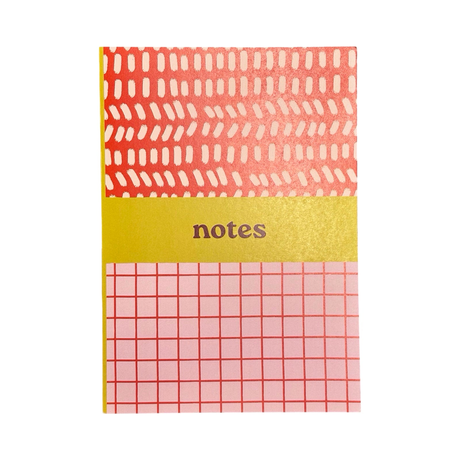 Notebook with pink, red and yellow design on a white background.