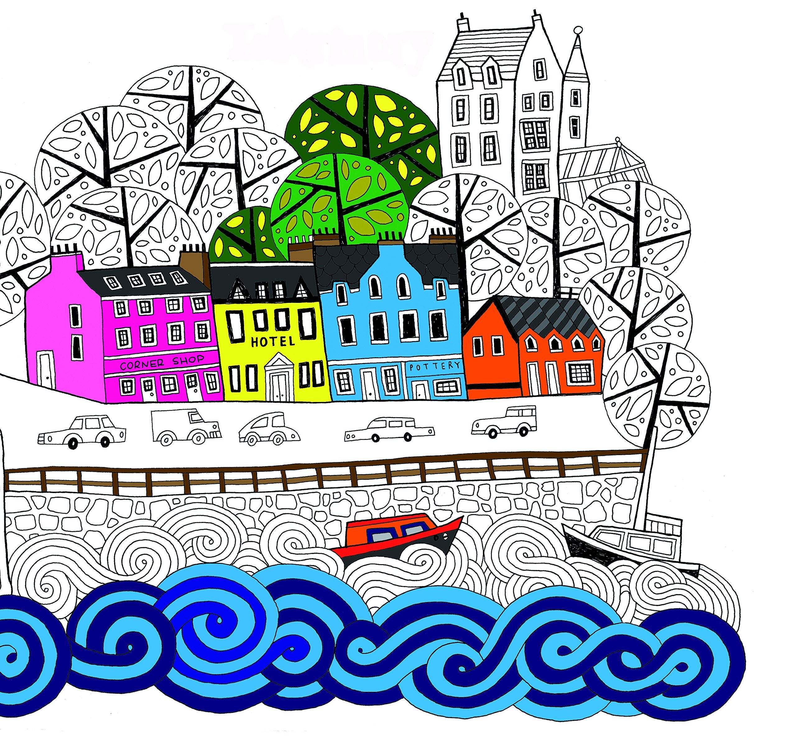 A coloured in page from the colouring book of Scotland of Tobermory