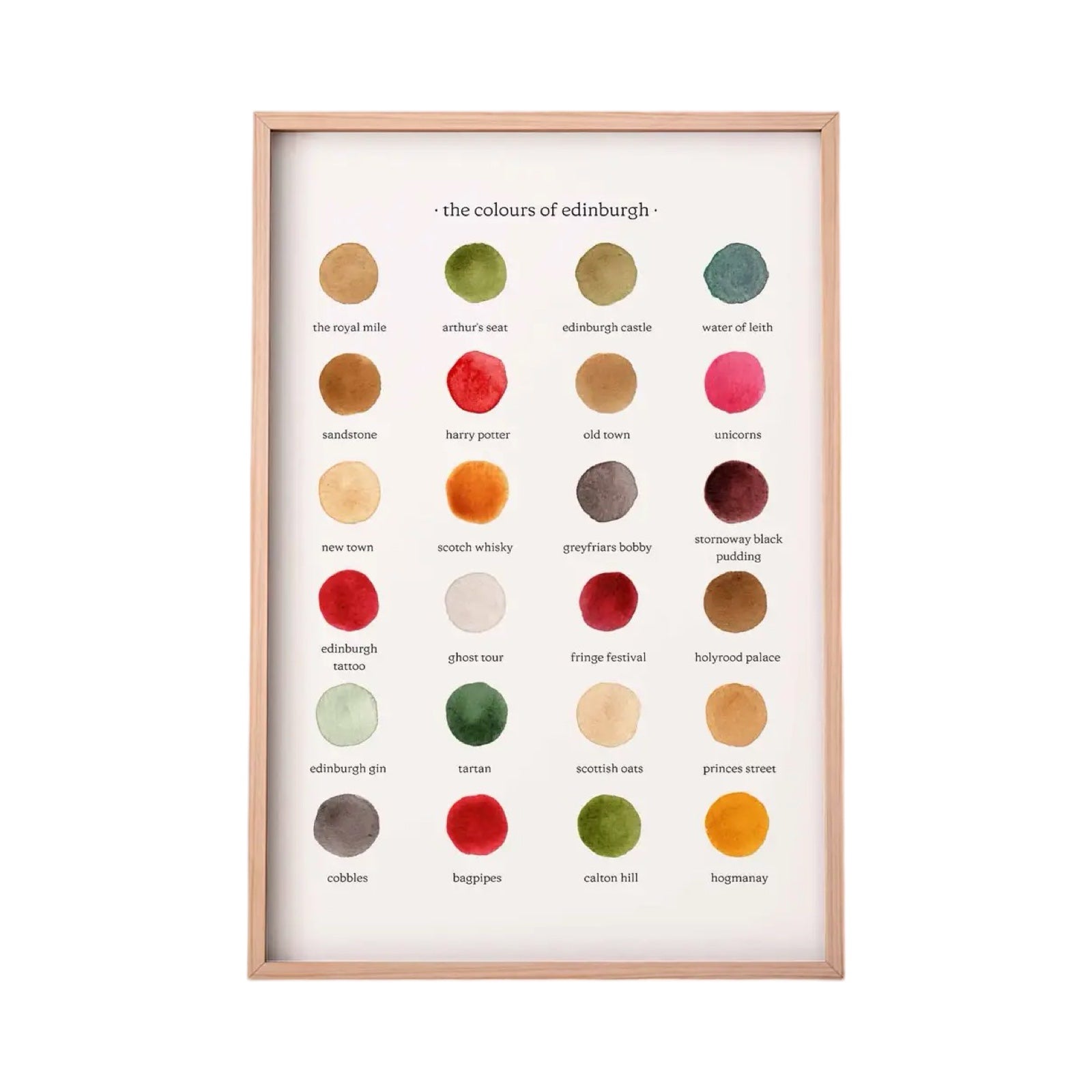 Art print featuring 24 watercolour circles of colours inspired by iconic landmarks in Edinburgh.