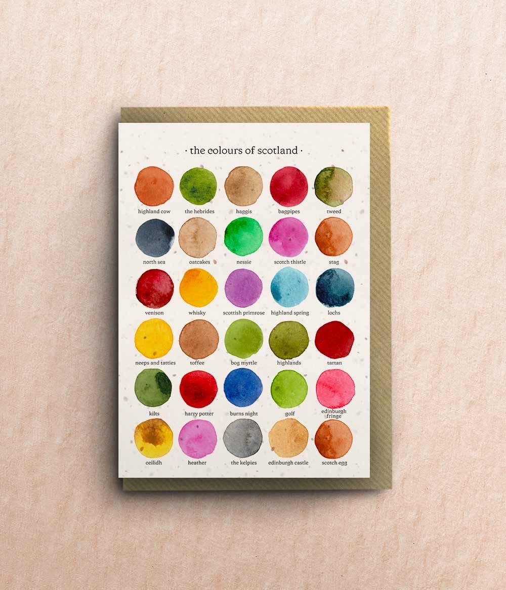 Framed artwork titled 'The Colours of Scotland' with color swatches on a beige wall.