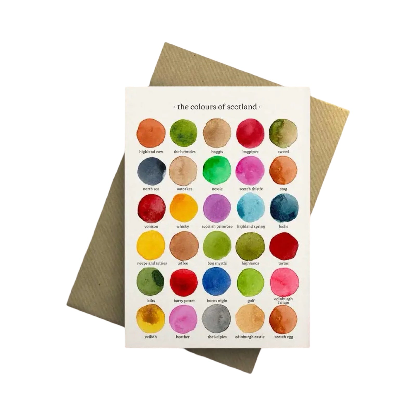 Card with colour swatches labeled 'the colours of Scotland' on a white background.