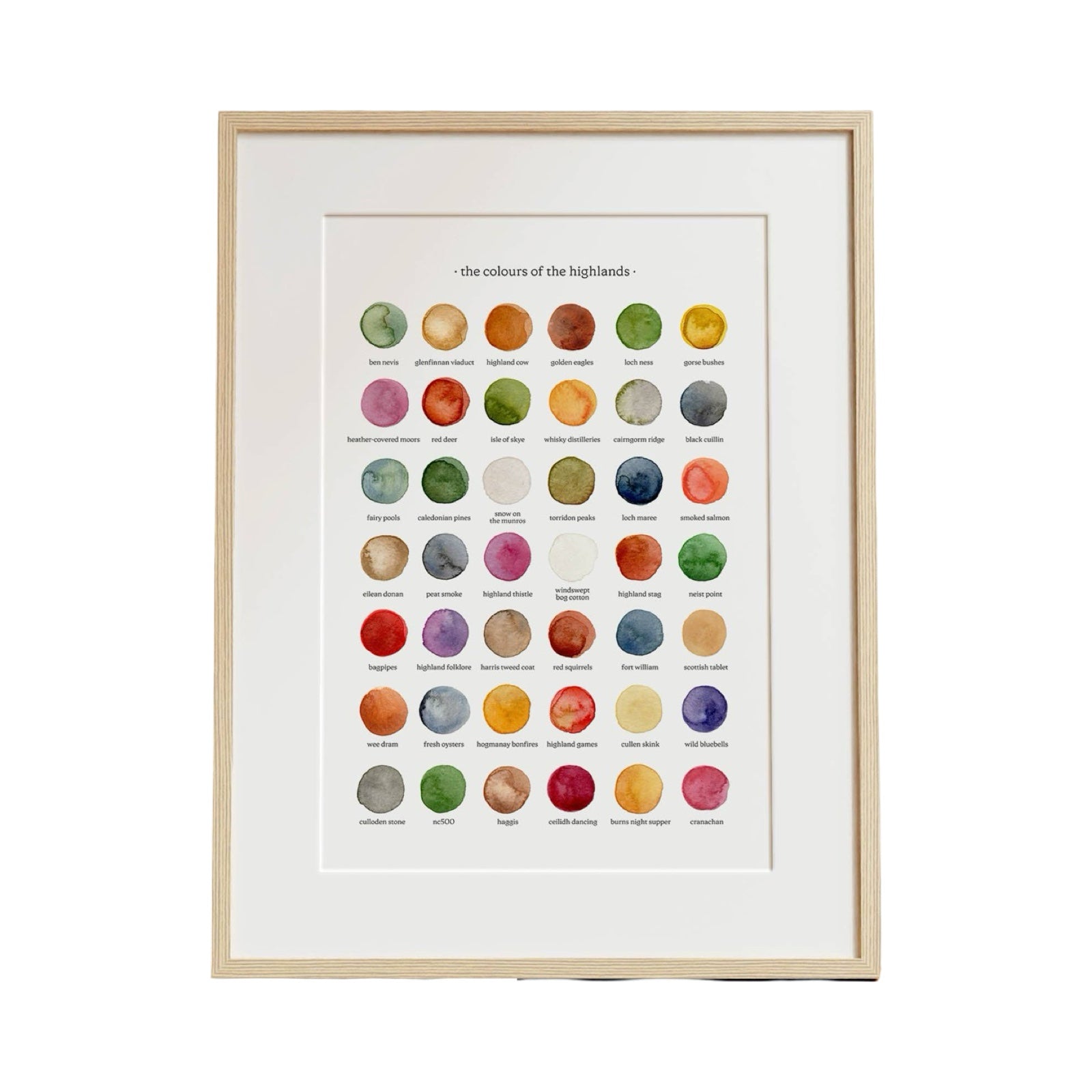 Art print featuring 42 watercolour circles of colours inspired by the Scottish Highlands, the print features smoked salmon, wild bluebells, highland cows and many more. 