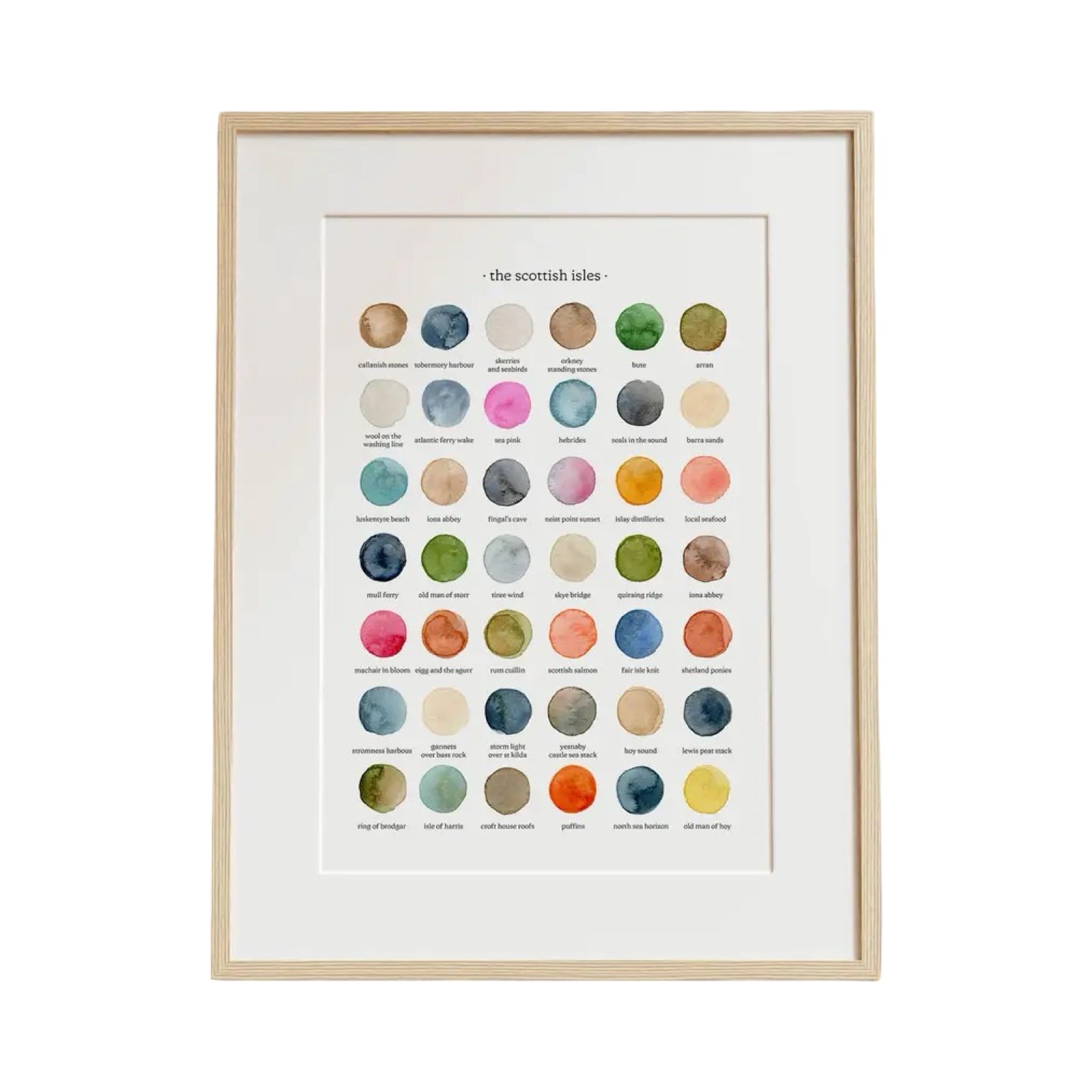 Print features 42 watercolour circles of colours inspired by the Scottish Isles, the print features tobermory harbour, the old man of store, puffins and many more.