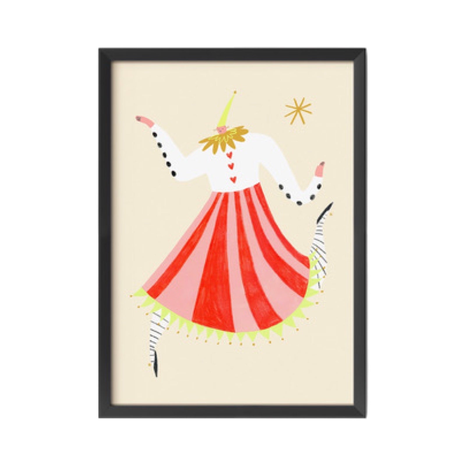 This print features an illustration of the character 'Columbine' wearing a fabulous red and pink striped skirt and white shirt.