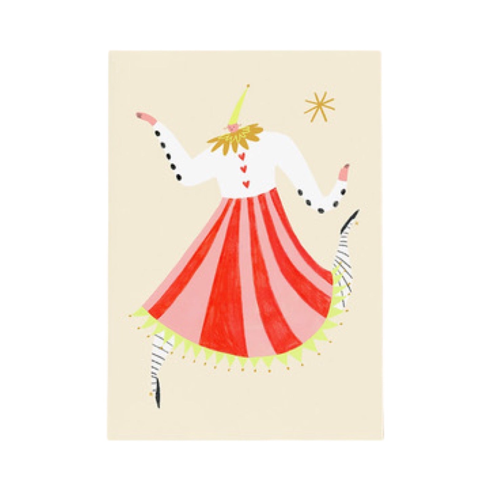 This print features an illustration of the character 'Columbine' wearing a fabulous red and pink striped skirt and white shirt.