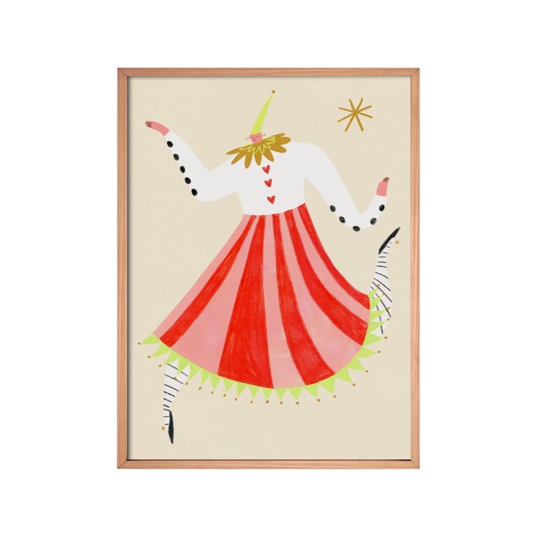 This print features an illustration of the character 'Columbine' wearing a fabulous red and pink striped skirt and white shirt.