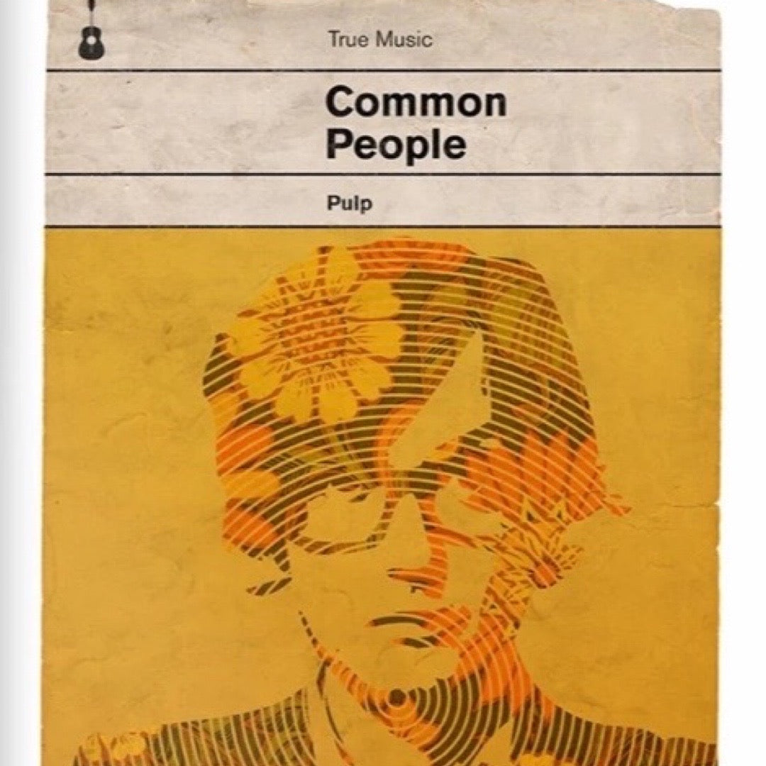 Album cover for 'Common People' by Pulp with stylized face and floral elements on a yellow background.