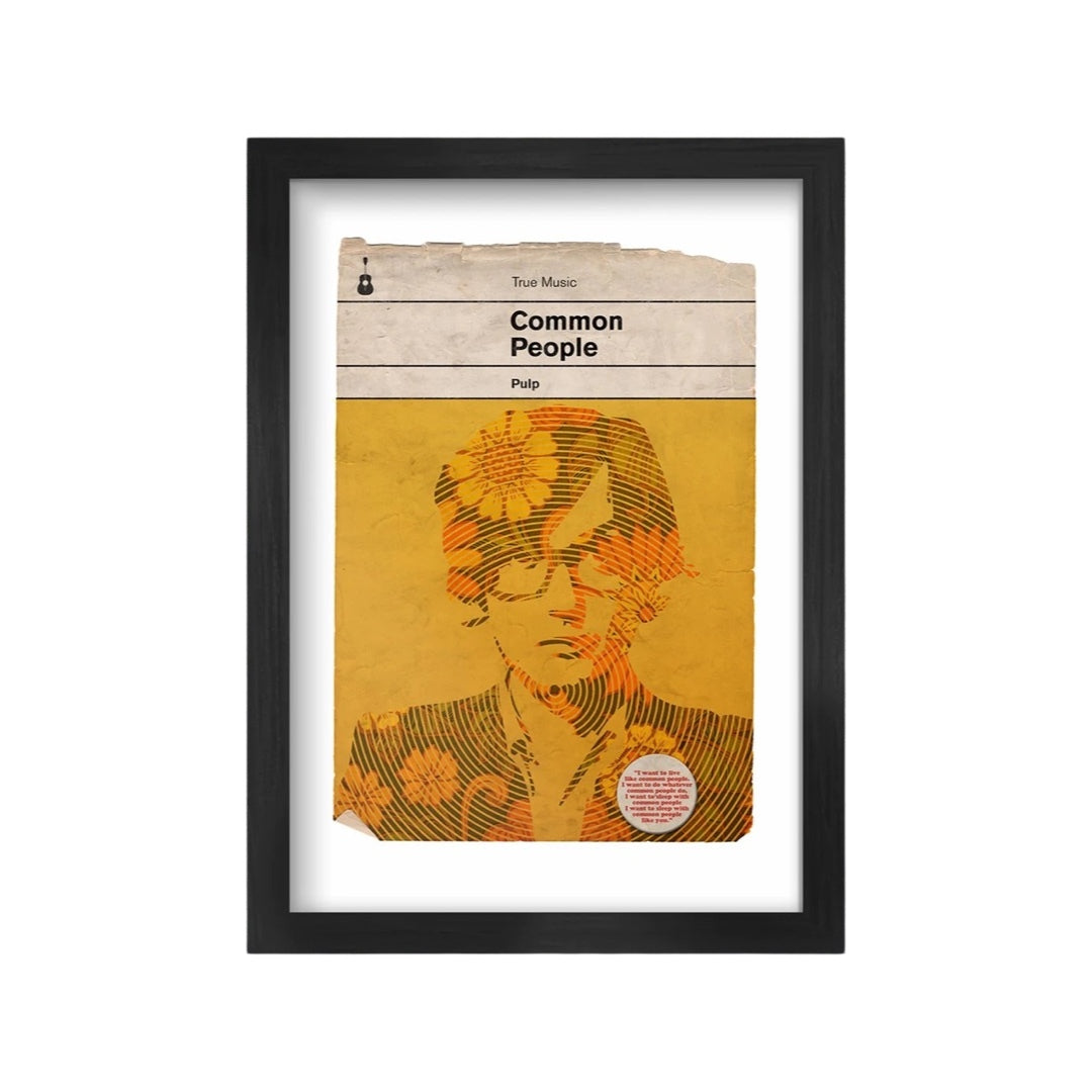 A framed A3 print featuring a book cover design with an illustration of Jarvis Cocker from Pulp, surrounded by orange and yellow flowers, and the title 'Common People'.